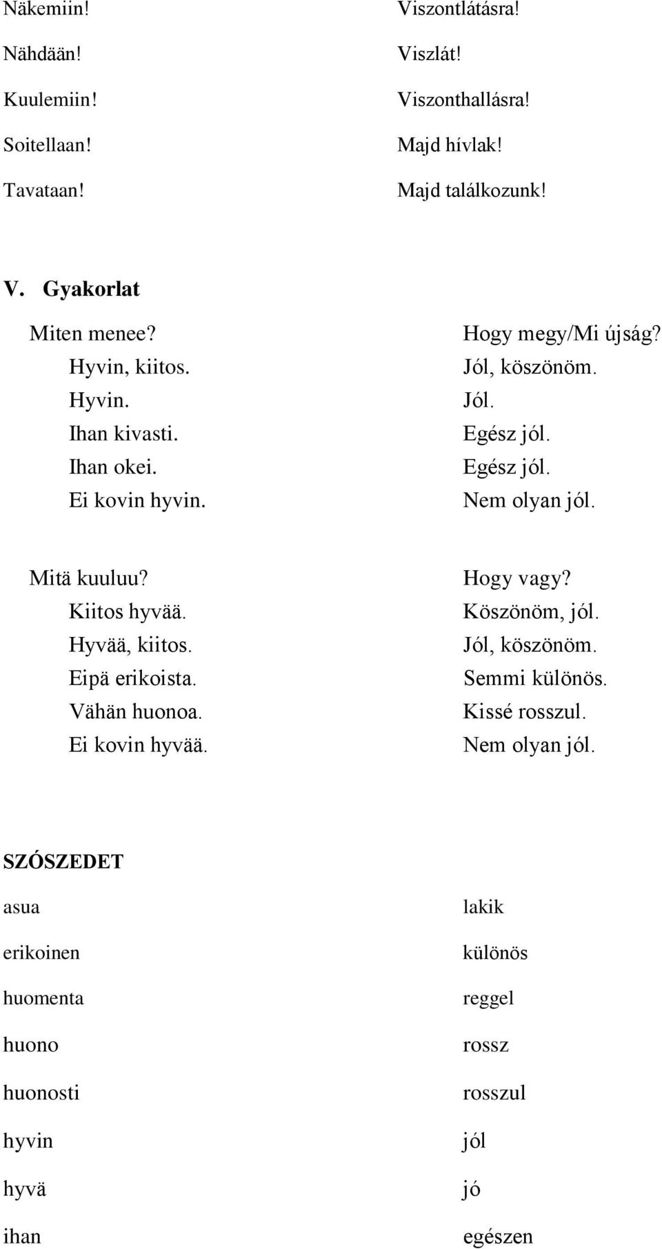 Mitä kuuluu? Kiitos hyvää. Hyvää, kiitos. Eipä erikoista. Vähän huonoa. Ei kovin hyvää. Hogy vagy? Köszönöm, jól. Jól, köszönöm. Semmi különös.