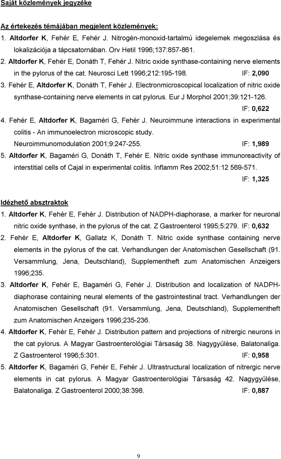 Fehér E, Altdorfer K, Donáth T, Fehér J. Electronmicroscopical localization of nitric oxide synthase-containing nerve elements in cat pylorus. Eur J Morphol 2001;39:121-126. IF: 0,622 4.