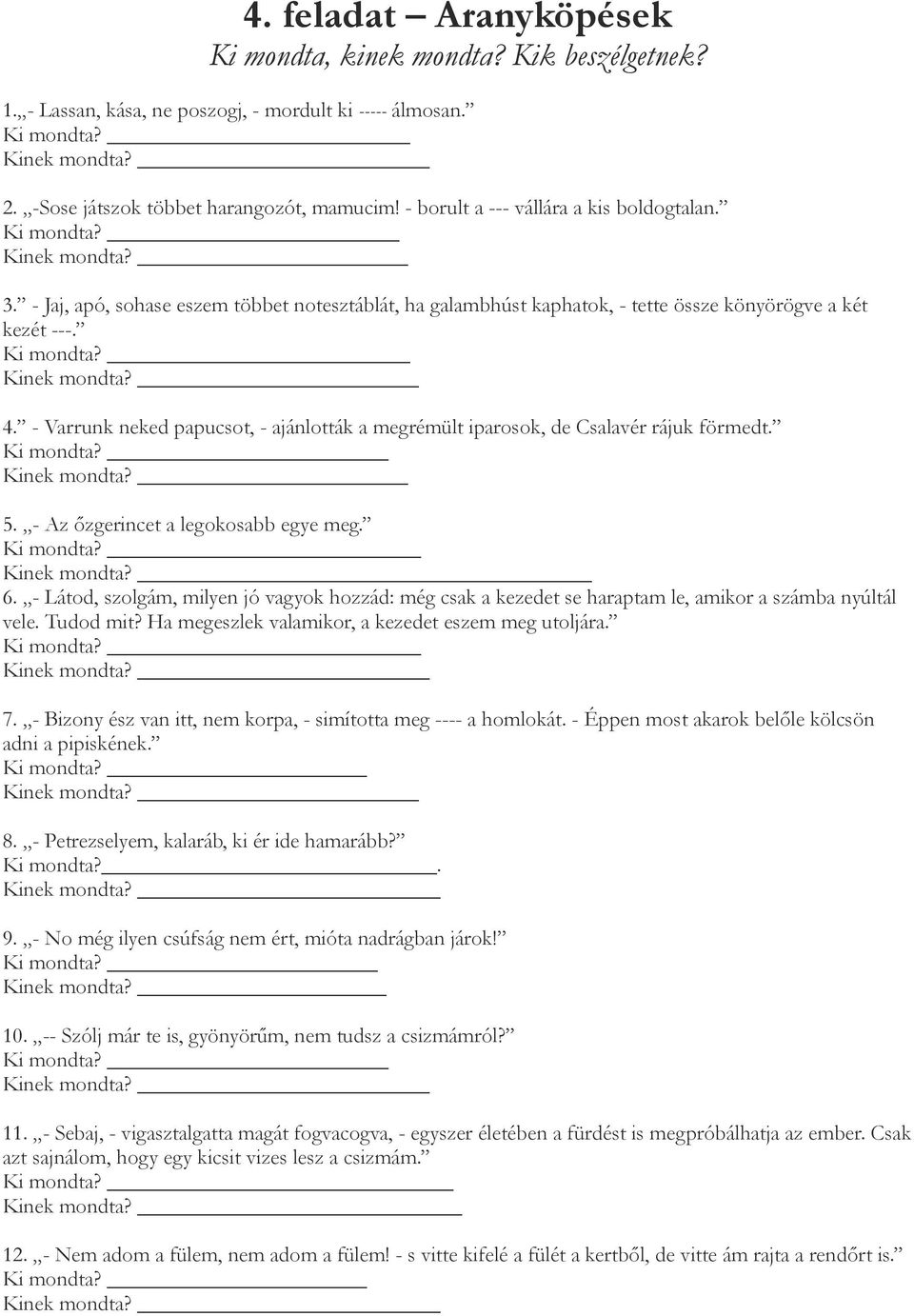 - Varrunk neked papucsot, - ajánlották a megrémült iparosok, de Csalavér rájuk förmedt. Ki mondta? Kinek mondta? 5. - Az őzgerincet a legokosabb egye meg. Ki mondta? Kinek mondta? 6.