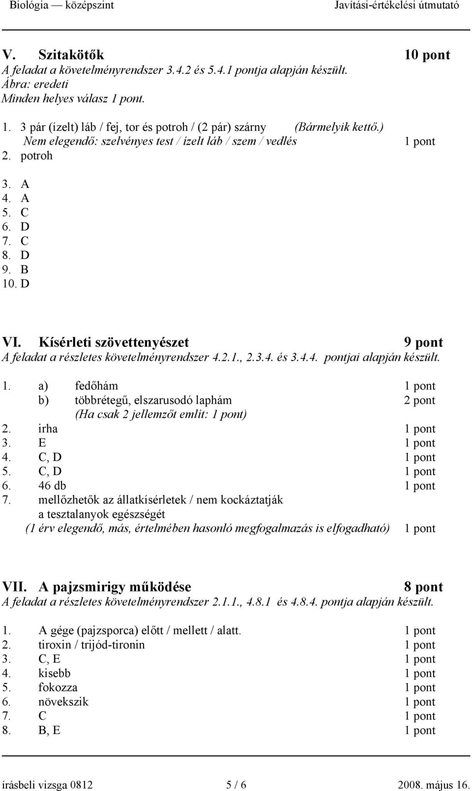 3.4. és 3.4.4. pontjai alapján készült. 1. a) fedőhám b) többrétegű, elszarusodó laphám 2 pont (Ha csak 2 jellemzőt említ: ) 2. irha 3. E 4. C, D 5. C, D 6. 46 db 7.