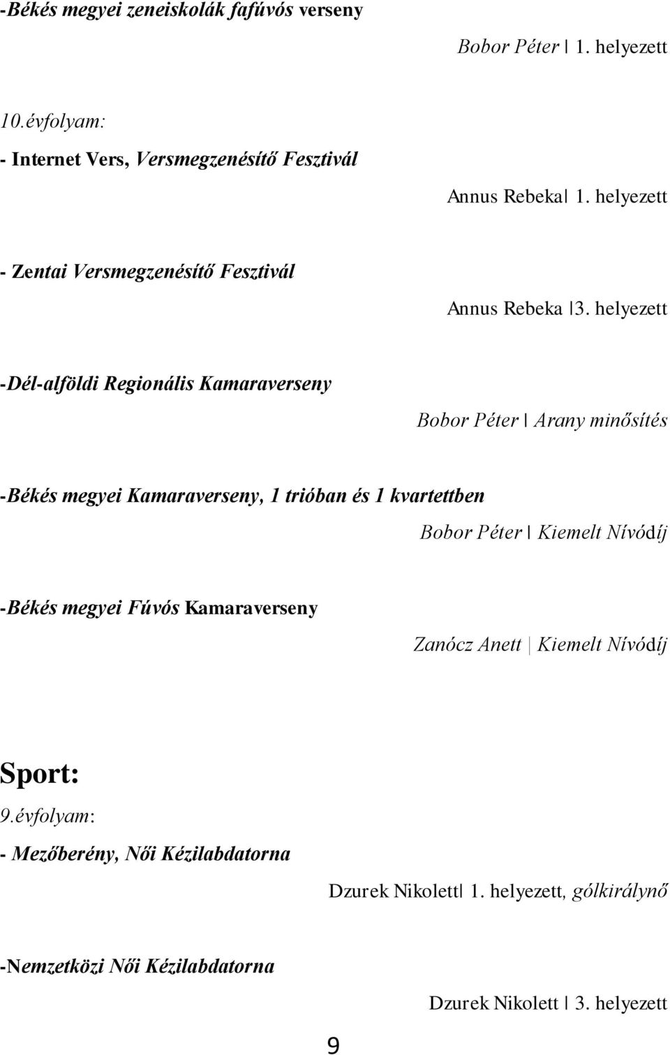 helyezett -Dél-alföldi Regionális Kamaraverseny Bobor Péter Arany minősítés -Békés megyei Kamaraverseny, 1 trióban és 1 kvartettben Bobor Péter