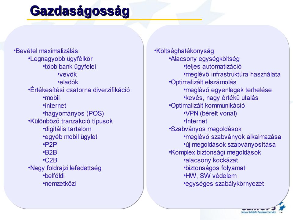 automatizáció meglévő infrastruktúra használata Optimalizált elszámolás meglévő egyenlegek terhelése kevés, nagy értékű utalás Optimalizált kommunikáció VPN (bérelt vonal)