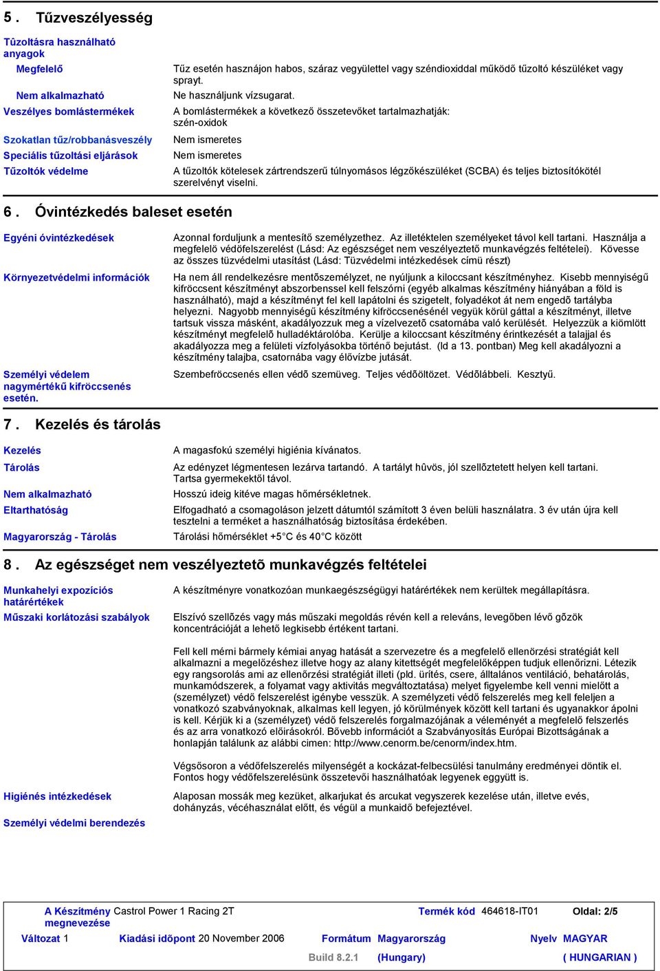 Szokatlan tűz/robbanásveszély Nem ismeretes A bomlástermékek a következő összetevőket tartalmazhatják: szén-oxidok Nem ismeretes 6.