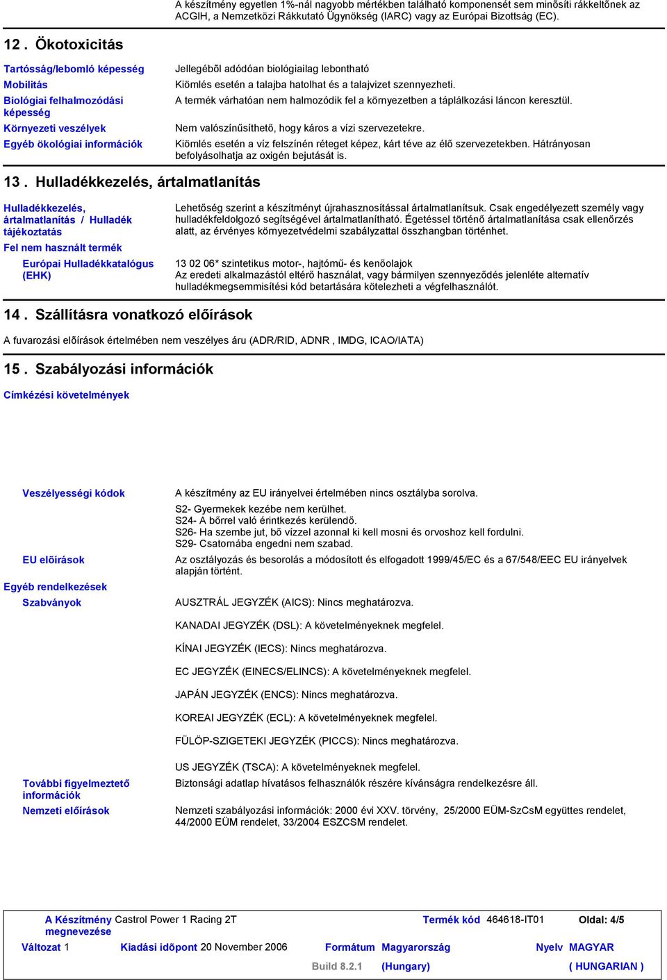 talajba hatolhat és a talajvizet szennyezheti. A termék várhatóan nem halmozódik fel a környezetben a táplálkozási láncon keresztül. Nem valószínűsíthető, hogy káros a vízi szervezetekre.