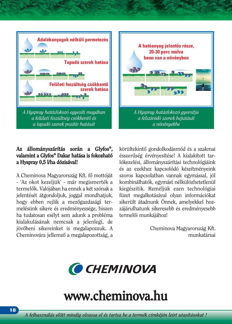 Glyfos Dakar hatása is fokozható a Hyspray 0,5 l/ha dózisával! A Cheminova Magyarország Kft. fô mottóját - Az okot kezeljük - már megismerték a termelôk.