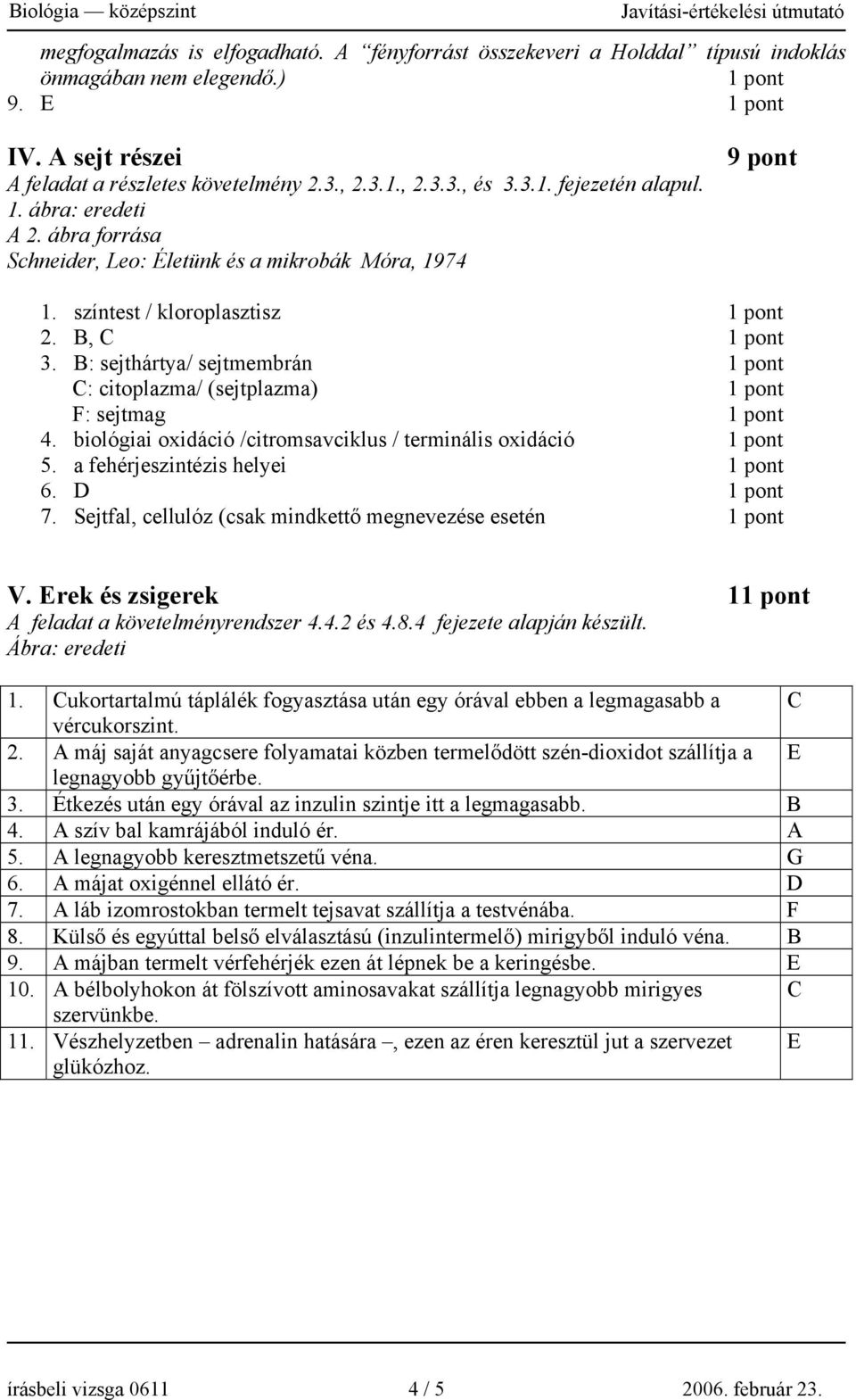 biológiai oxidáció /citromsavciklus / terminális oxidáció 5. a fehérjeszintézis helyei 6. D 7. Sejtfal, cellulóz (csak mindkettő megnevezése esetén V.