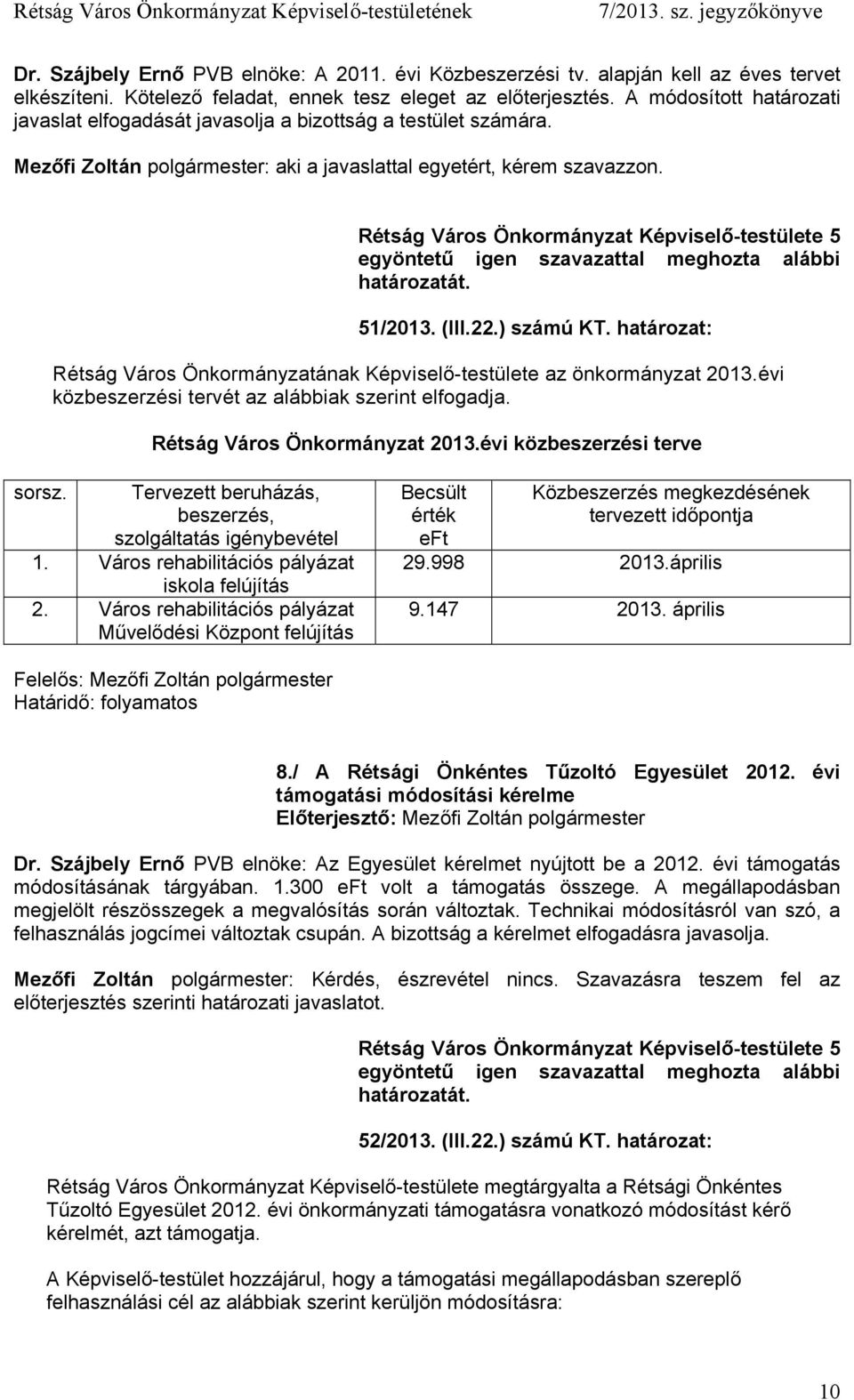 határozat: Rétság Város Önkormányzatának Képviselő-testülete az önkormányzat 2013.évi közbeszerzési tervét az alábbiak szerint elfogadja. Rétság Város Önkormányzat 2013.évi közbeszerzési terve sorsz.