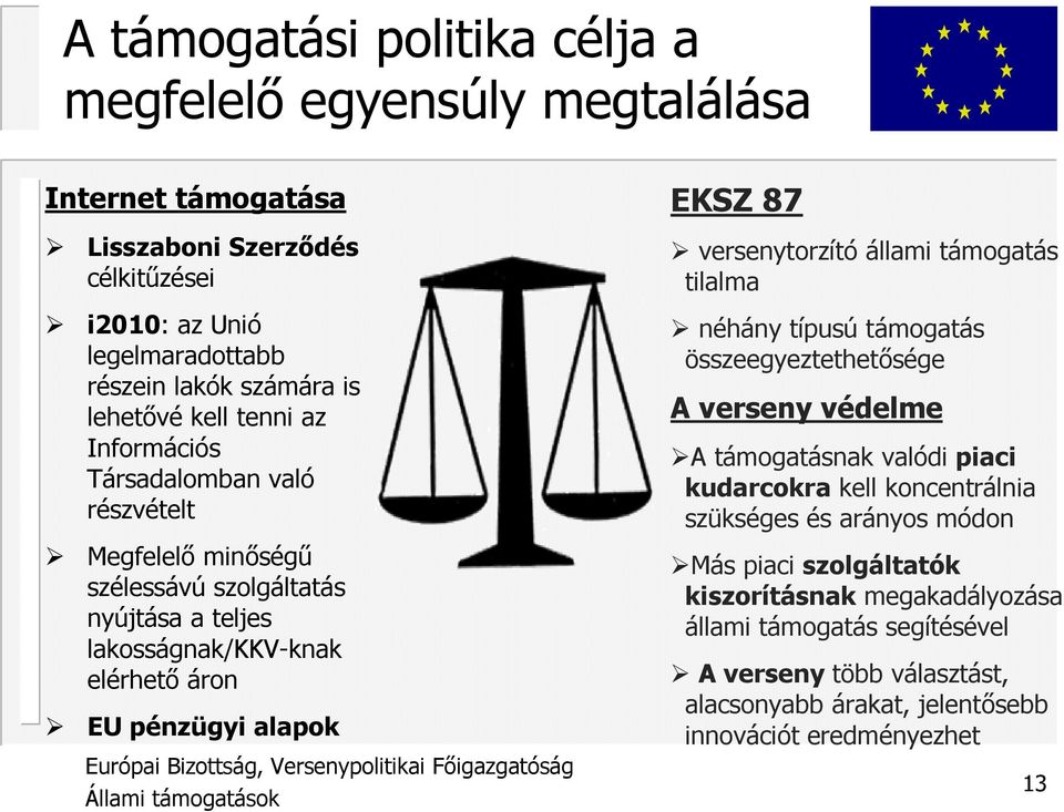 EKSZ 87 versenytorzító állami támogatás tilalma néhány típusú támogatás összeegyeztethetısége A verseny védelme A támogatásnak valódi piaci kudarcokra kell koncentrálnia szükséges