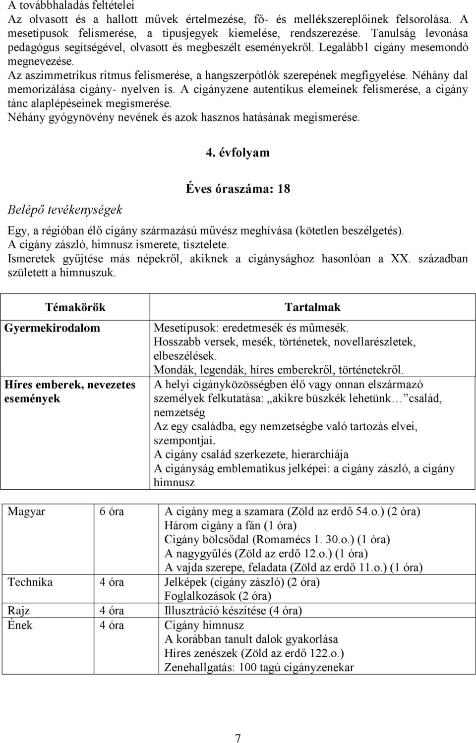 Néhány dal memorizálása cigány- nyelven is. A cigányzene autentikus elemeinek felismerése, a cigány tánc alaplépéseinek megismerése. Néhány gyógynövény nevének és azok hasznos hatásának megismerése.