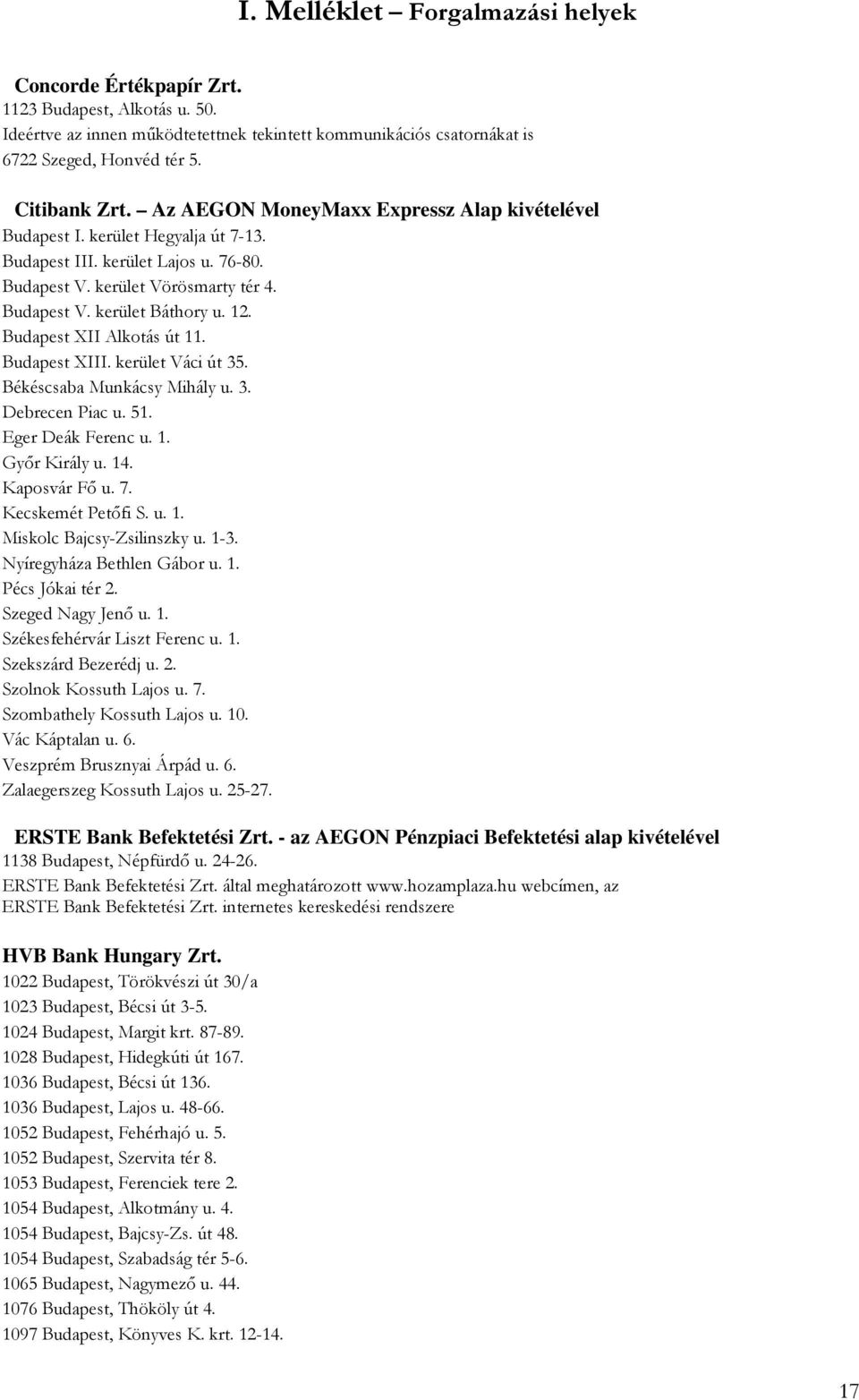 Budapest XII Alkotás út 11. Budapest XIII. kerület Váci út 35. Békéscsaba Munkácsy Mihály u. 3. Debrecen Piac u. 51. Eger Deák Ferenc u. 1. Győr Király u. 14. Kaposvár Fő u. 7. Kecskemét Petőfi S. u. 1. Miskolc Bajcsy-Zsilinszky u.