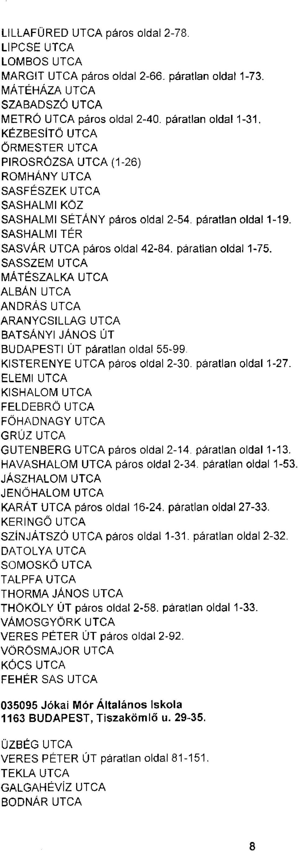 SASSZEM MÁTÉSZALKA ALBÁN ANDRÁS ARANYCSILLAG BATSÁNYI JÁNOS ÜT BUDAPESTI ÜT páratlan oldal 55-99. KISENYE páros oldal 2-30. páratlan oldal 1-27.