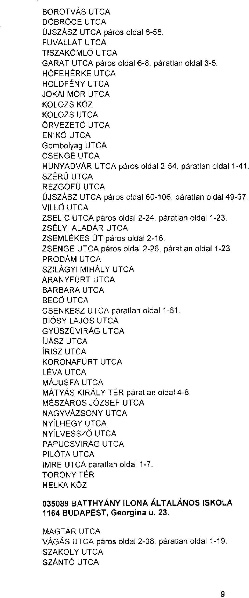 VILLŐ ZSELIC páros oldal 2-24. páratlan oldal 1-23. ZSÉLYI ALADÁR ZSEMLÉKES ÚT páros oldal 2-16. ZSENGE páros oldal 2-26. páratlan oldal 1-23. PRODÁM SZILÁGYI MIHÁLY ARANYFÜRT BARBARA BECÖ CSENKESZ páratlan oldal 1-61.