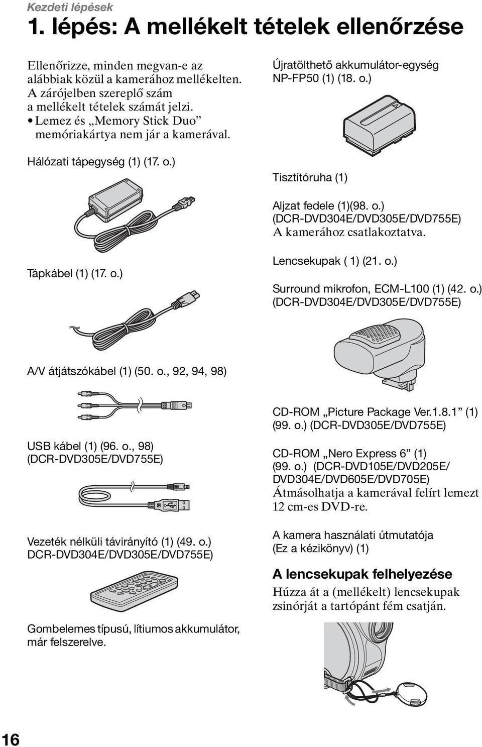 Tápkábel (1) (17. o.) Lencsekupak ( 1) (21. o.) Surround mikrofon, ECM-L100 (1) (42. o.) (DCR-DVD304E/DVD305E/DVD755E) A/V átjátszókábel (1) (50. o., 92, 94, 98) USB kábel (1) (96. o., 98) (DCR-DVD305E/DVD755E) Vezeték nélküli távirányító (1) (49.