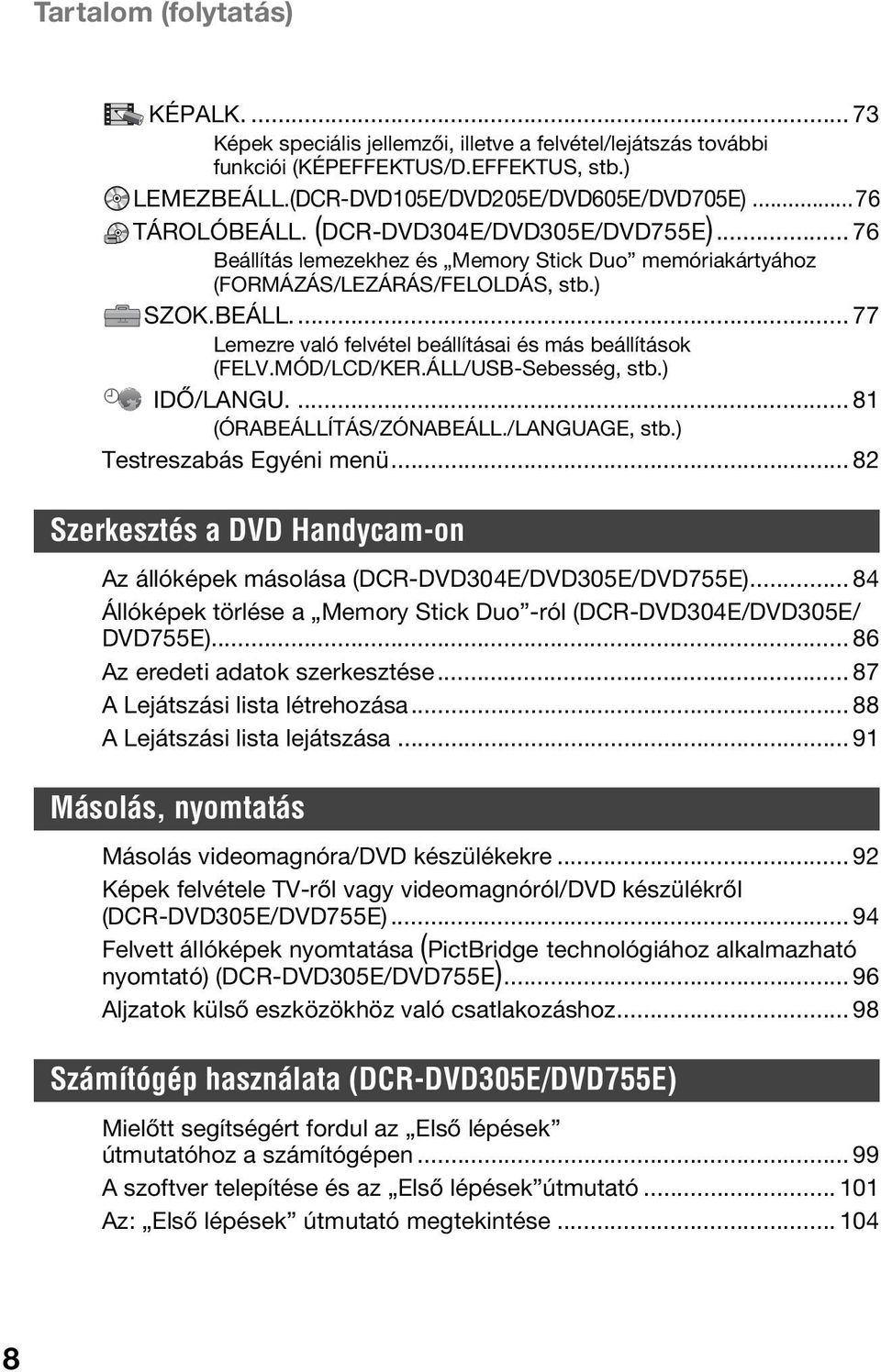 MÓD/LCD/KER.ÁLL/USB-Sebesség, stb.) IDŐ/LANGU.... 81 (ÓRABEÁLLÍTÁS/ZÓNABEÁLL./LANGUAGE, stb.) Testreszabás Egyéni menü.