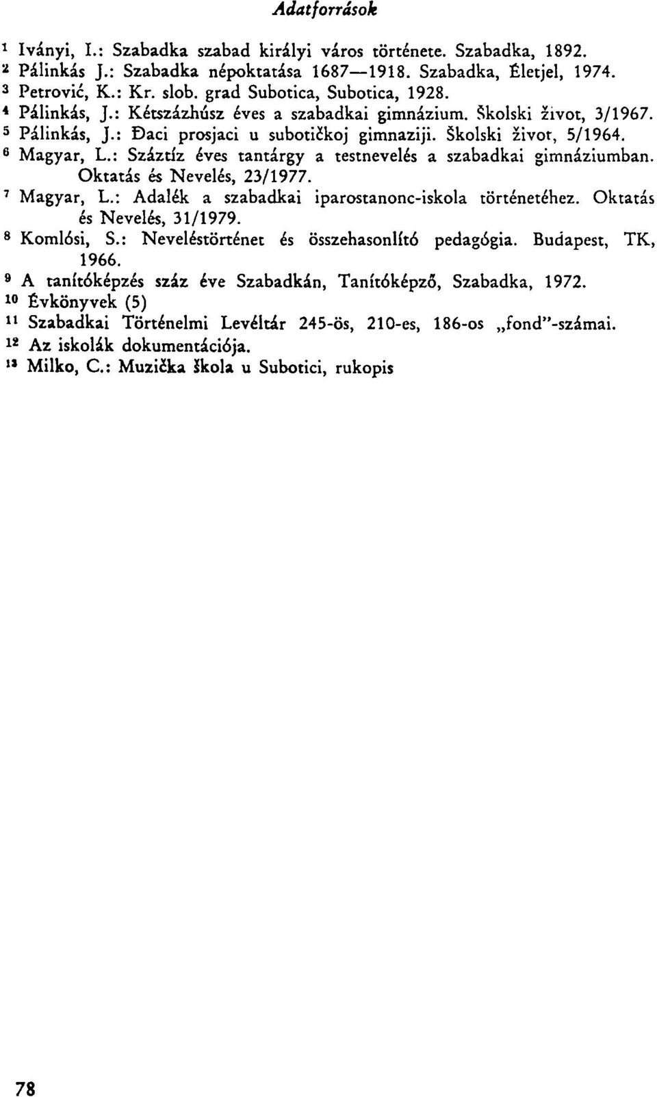 : Száztíz éves tantárgy a testnevelés a szabadkai gimnáziumban. Oktatás és Nevelés, 23/1977. 7 Magyar, L.: Adalék a szabadkai iparostanonc-iskola történetéhez. Oktatás és Nevelés, 31/1979.