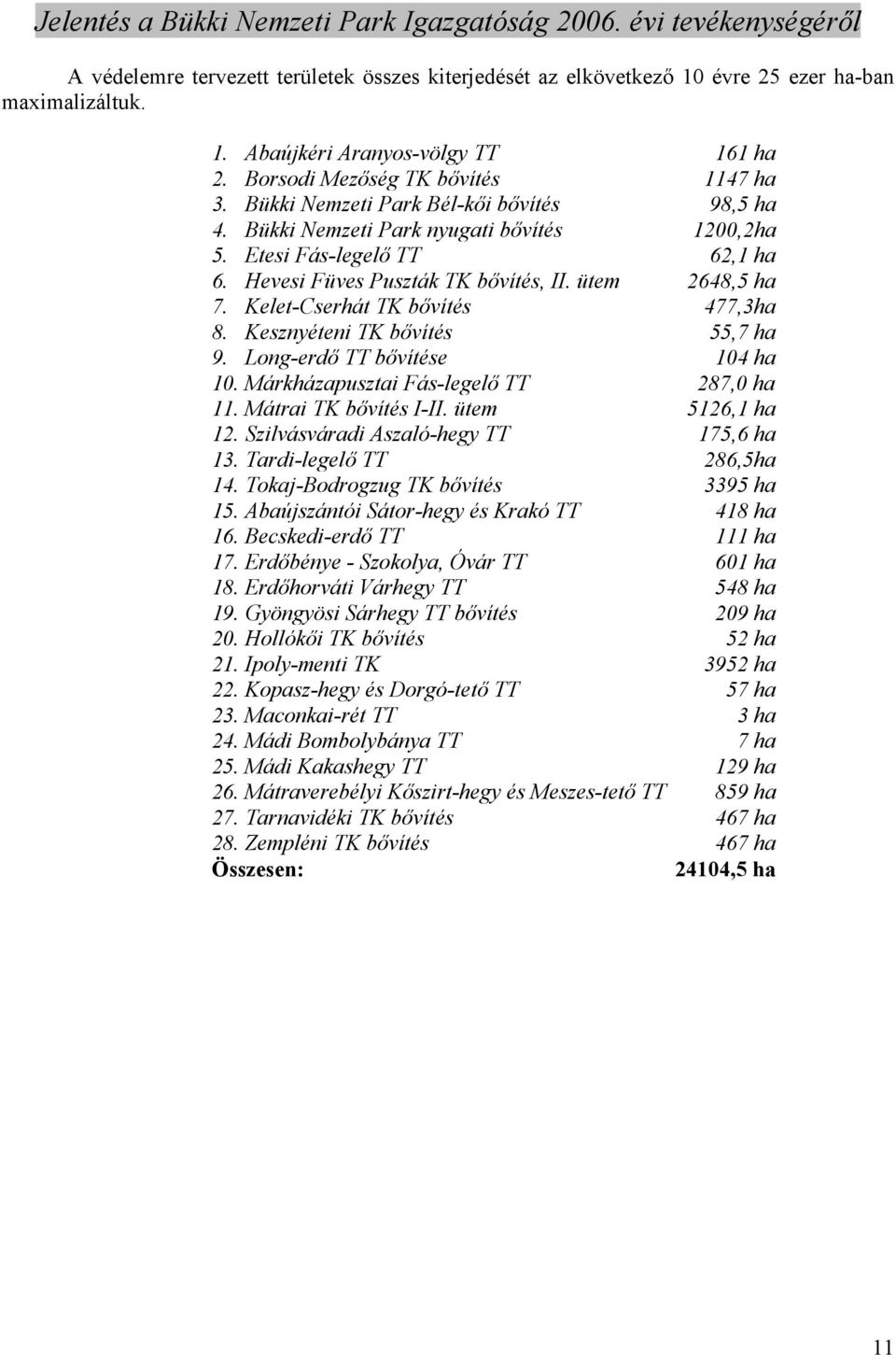 Kelet-Cserhát TK bıvítés 477,3ha 8. Kesznyéteni TK bıvítés 55,7 ha 9. Long-erdı TT bıvítése 104 ha 10. Márkházapusztai Fás-legelı TT 287,0 ha 11. Mátrai TK bıvítés I-II. ütem 5126,1 ha 12.