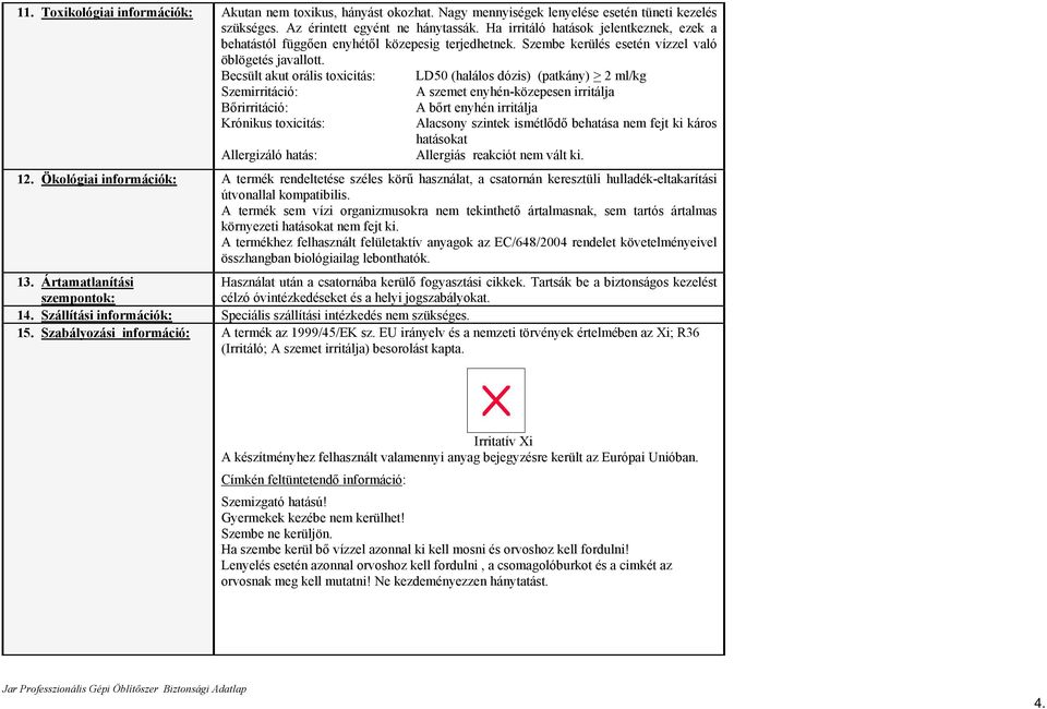 Becsült akut orális toxicitás: LD50 (halálos dózis) (patkány) > 2 ml/kg Szemirritáció: A szemet enyhén-közepesen irritálja Bőrirritáció: A bőrt enyhén irritálja Krónikus toxicitás: Alacsony szintek