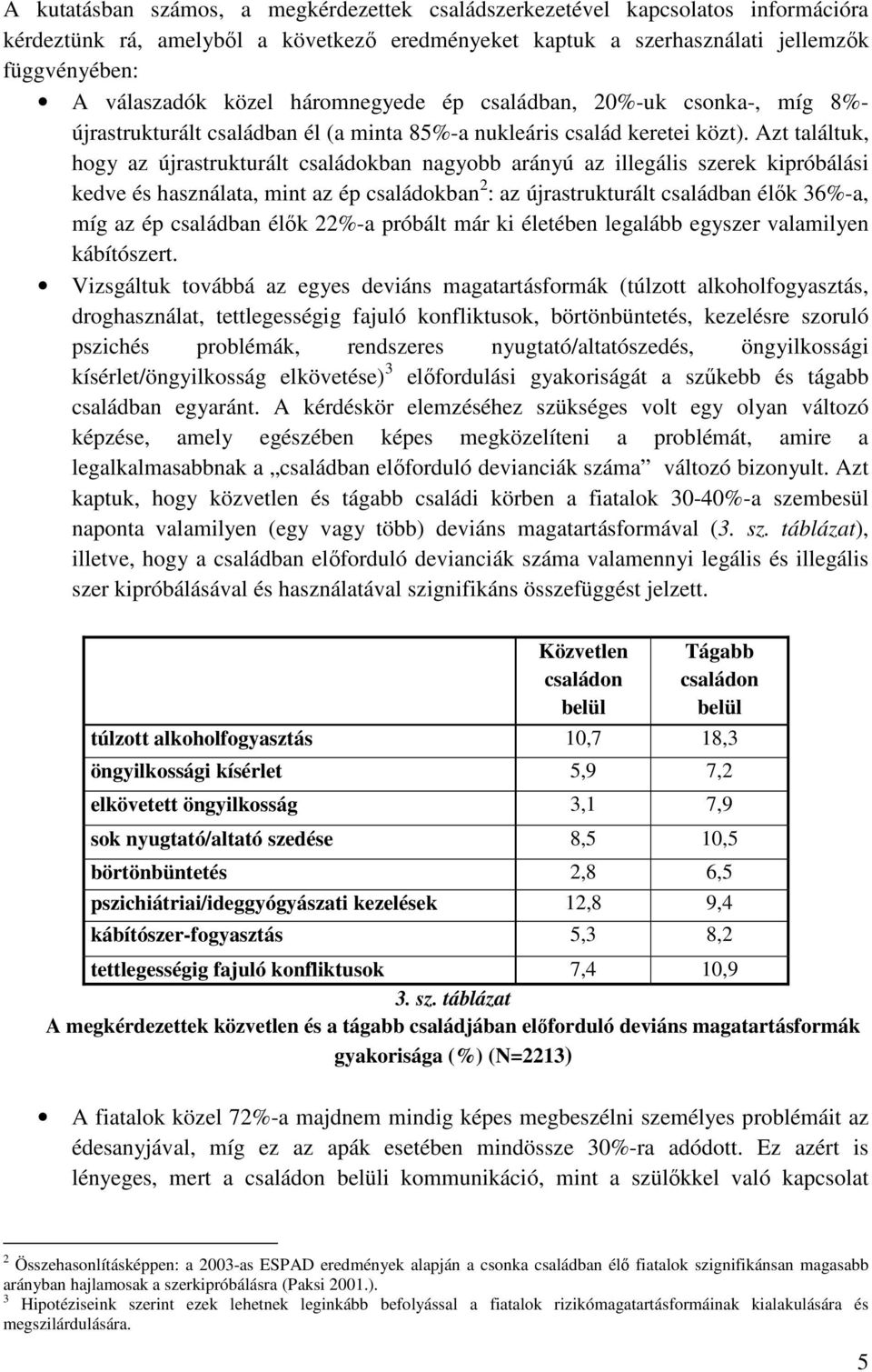 Azt találtuk, hogy az újrastrukturált családokban nagyobb arányú az illegális szerek kipróbálási kedve és használata, mint az ép családokban 2 : az újrastrukturált családban élık 36%-a, míg az ép