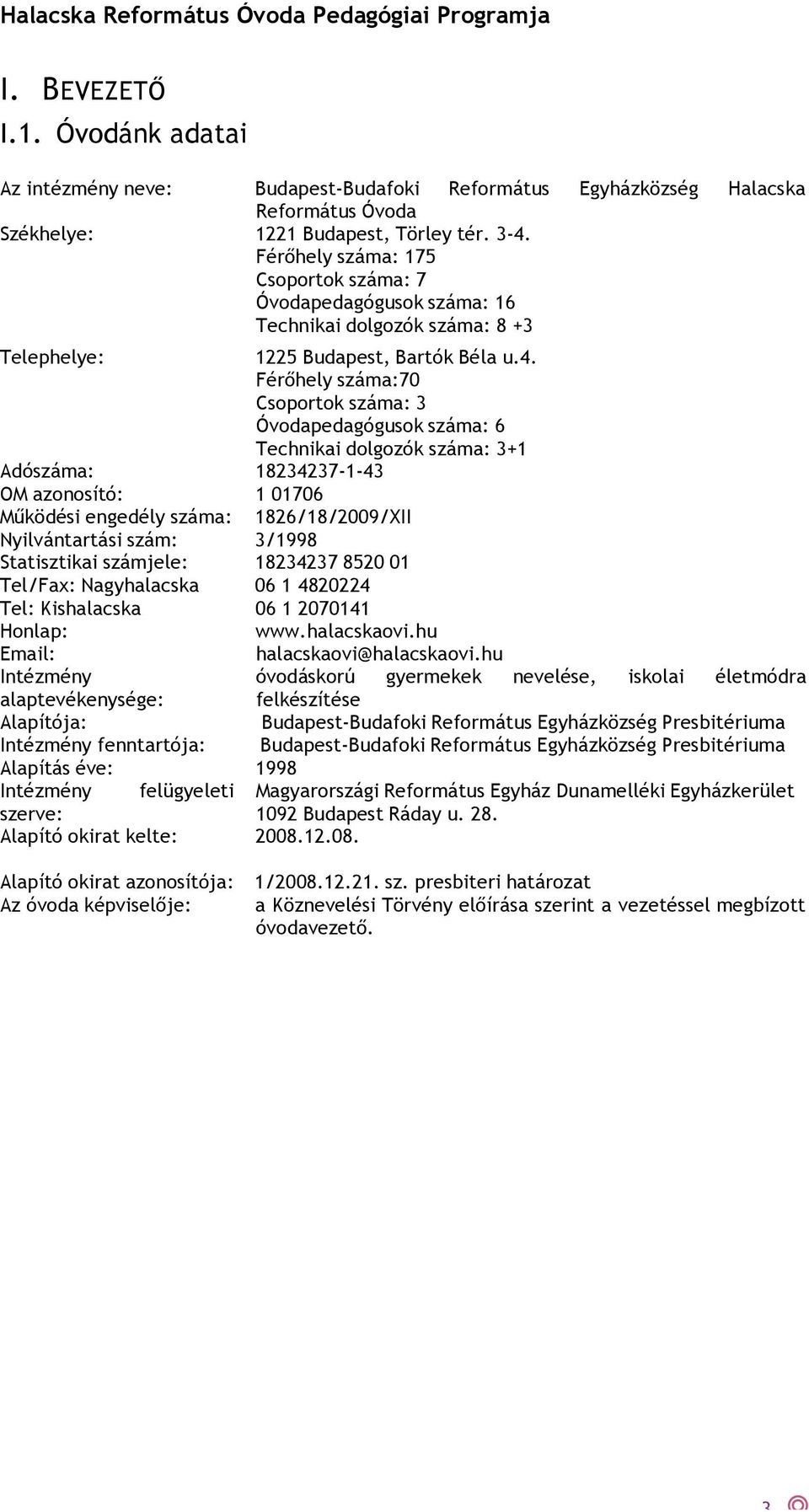 Férőhely száma:70 Csoportok száma: 3 Óvodapedagógusok száma: 6 Technikai dolgozók száma: 3+1 Adószáma: 18234237-1-43 OM azonosító: 1 01706 Működési engedély száma: 1826/18/2009/XII Nyilvántartási