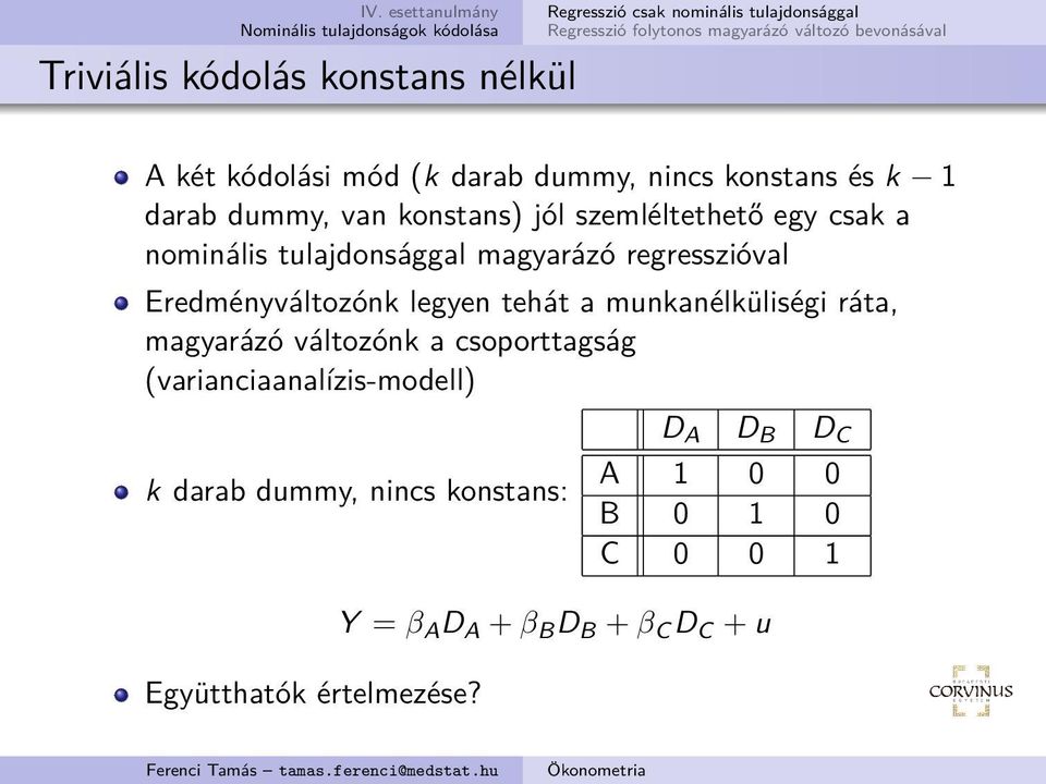 legyen tehát a munkanélküliségi ráta, magyarázó változónk a csoporttagság (varianciaanalízis-modell) k darab