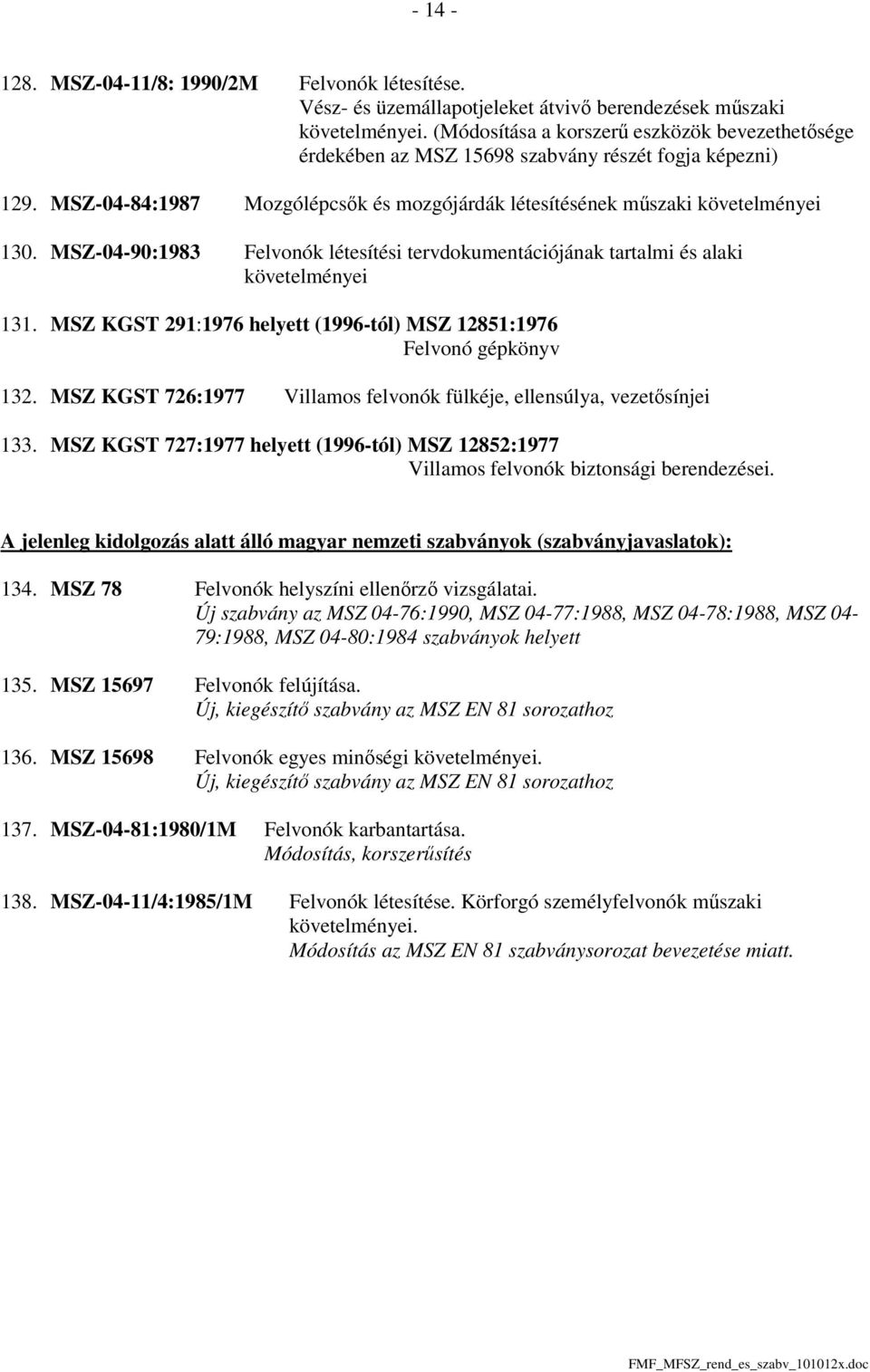 MSZ-04-90:1983 Felvonók létesítési tervdokumentációjának tartalmi és alaki követelményei 131. MSZ KGST 291:1976 helyett (1996-tól) MSZ 12851:1976 Felvonó gépkönyv 132.