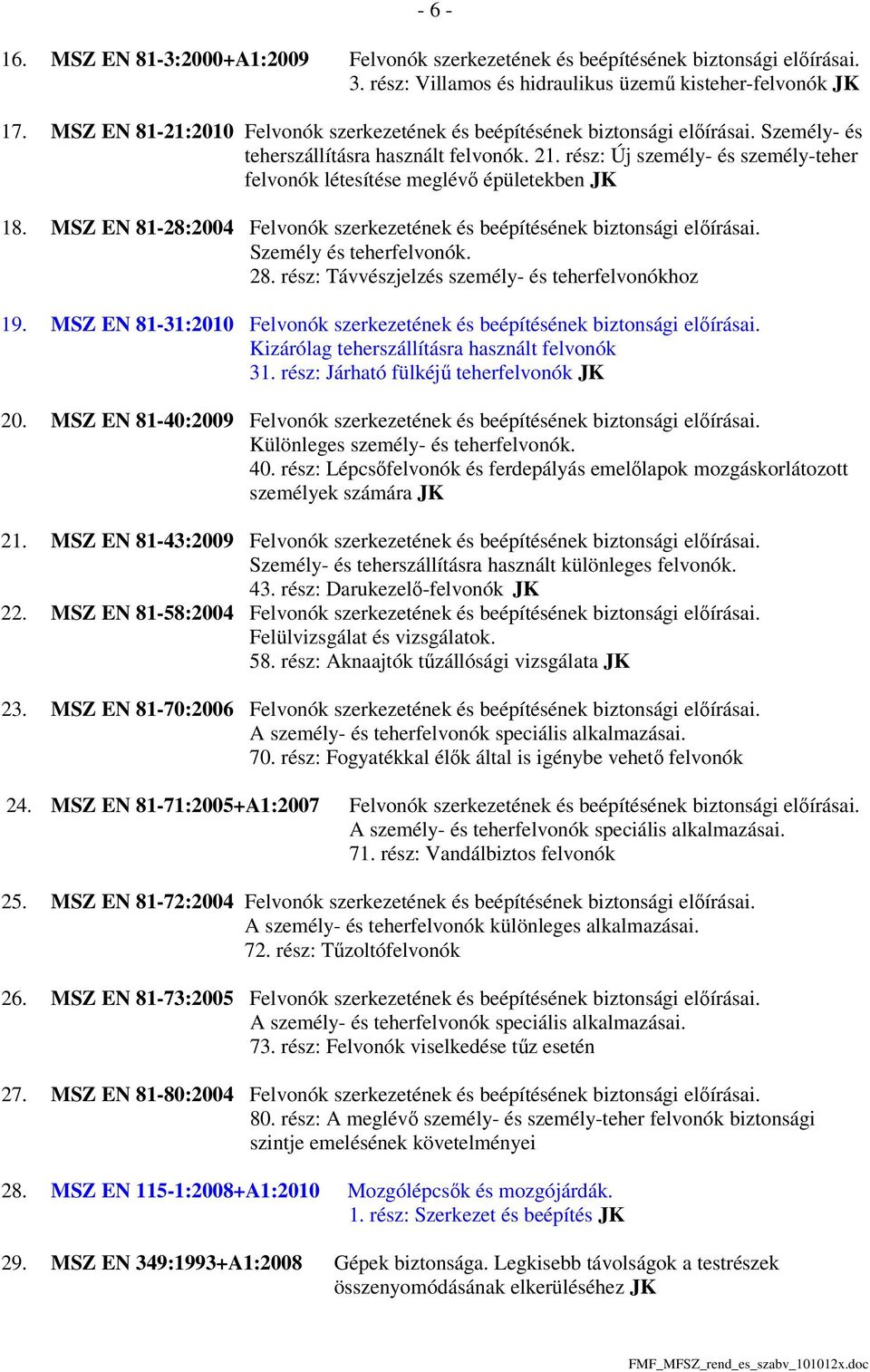 rész: Új személy- és személy-teher felvonók létesítése meglévő épületekben JK 18. MSZ EN 81-28:2004 Felvonók szerkezetének és beépítésének biztonsági előírásai. Személy és teherfelvonók. 28.