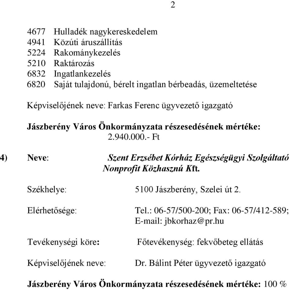 - Ft 4) Neve: Szent Erzsébet Kórház Egészségügyi Szolgáltató Nonprofit Közhasznú Kft. Székhelye: 5100 Jászberény, Szelei út 2. Elérhetősége: Tel.