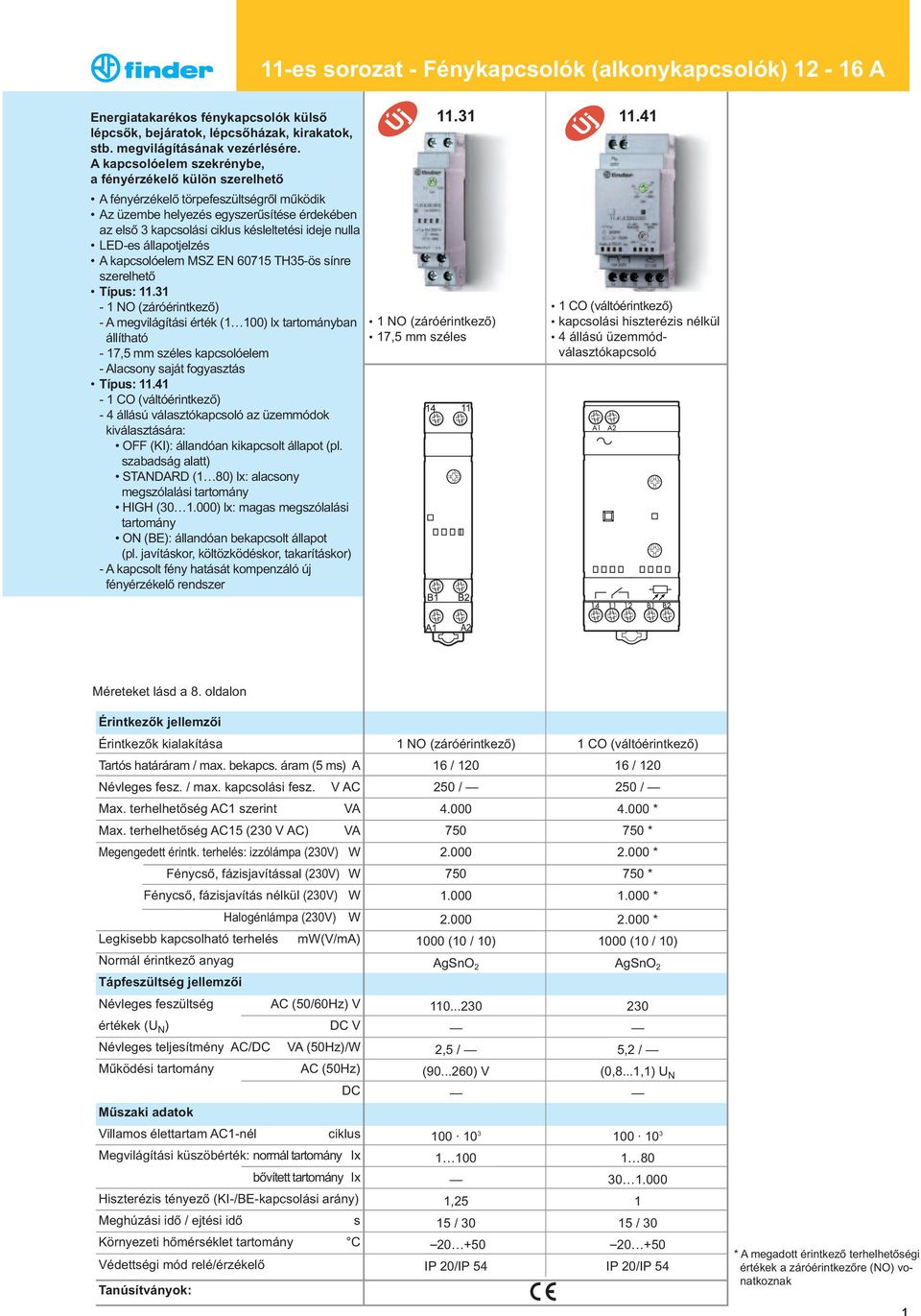 LED-es állapotjelzés A kapcsolóelem MSZ E 60715 TH35-ös sínre szerelhetô Típus: 11.