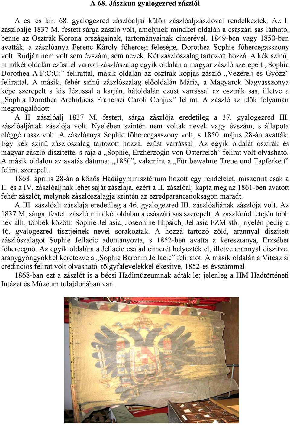 1849-ben vagy 1850-ben avatták, a zászlóanya Ferenc Károly főherceg felesége, Dorothea Sophie főhercegasszony volt. Rúdján nem volt sem évszám, sem nevek. Két zászlószalag tartozott hozzá.