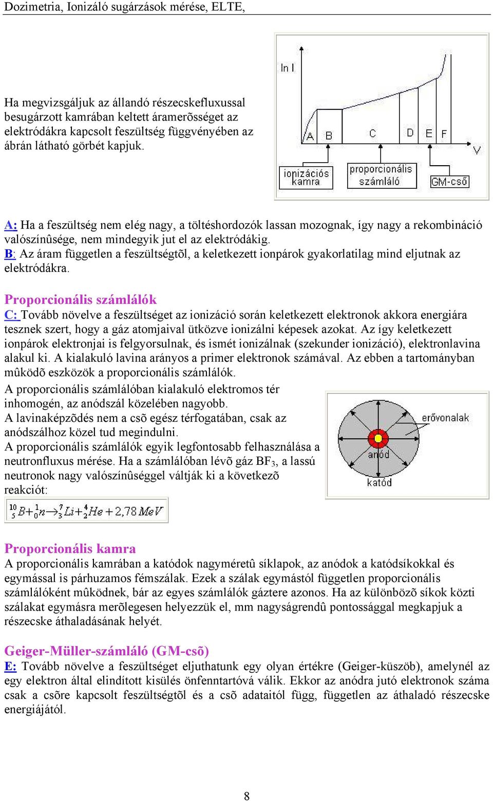 B: Az áram független a feszültségtõl, a keletkezett ionpárok gyakorlatilag mind eljutnak az elektródákra.