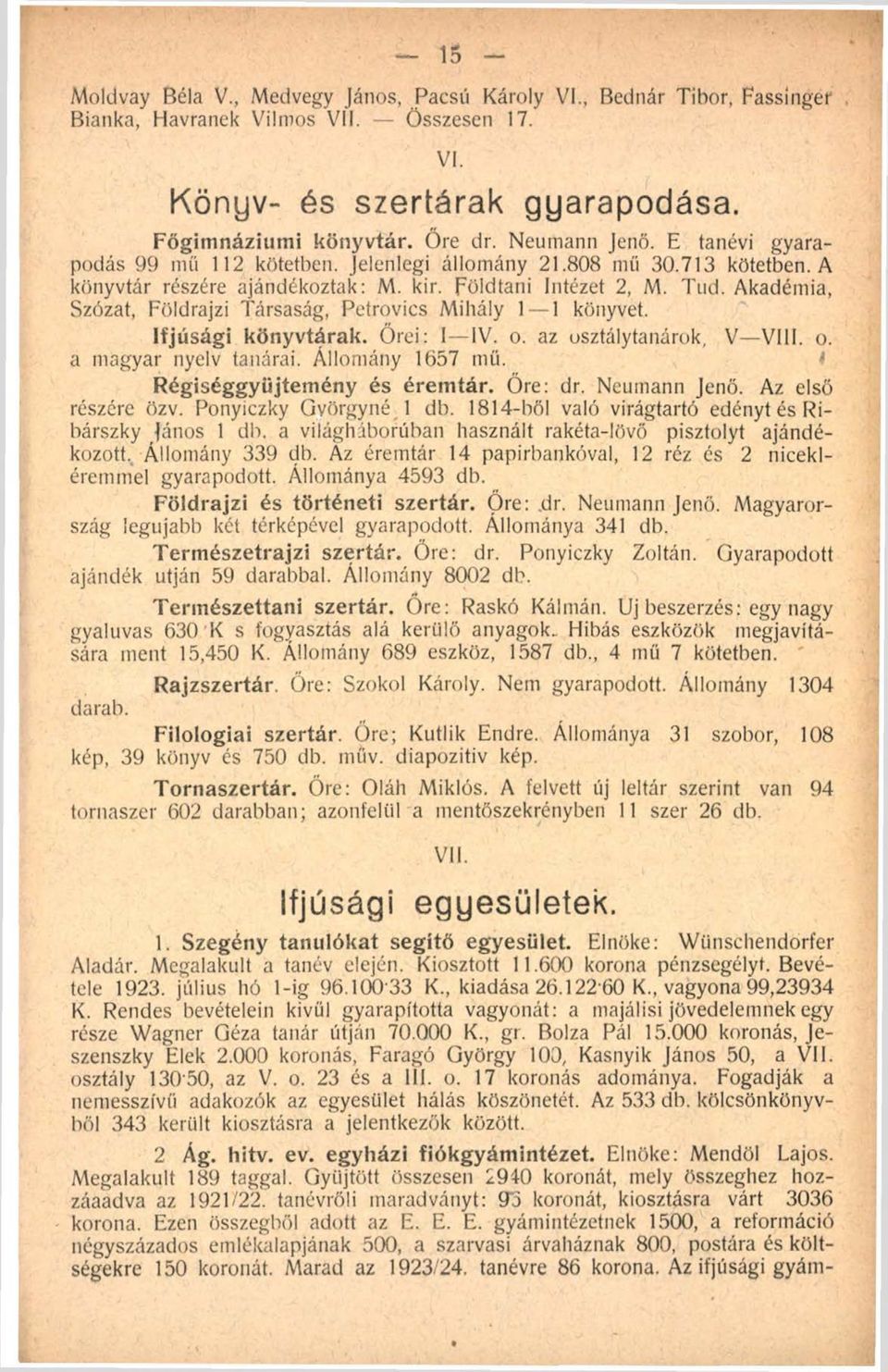 Akadémia, Szózat, Földrajzi Társaság, Petrovics Mihály 1 1 könyvet. Ifjúsági könyvtárak, ő rei: I IV. o. az osztálytanárok, V V ili. o. a magyar nyelv tanárai. Állomány 1657 mű.