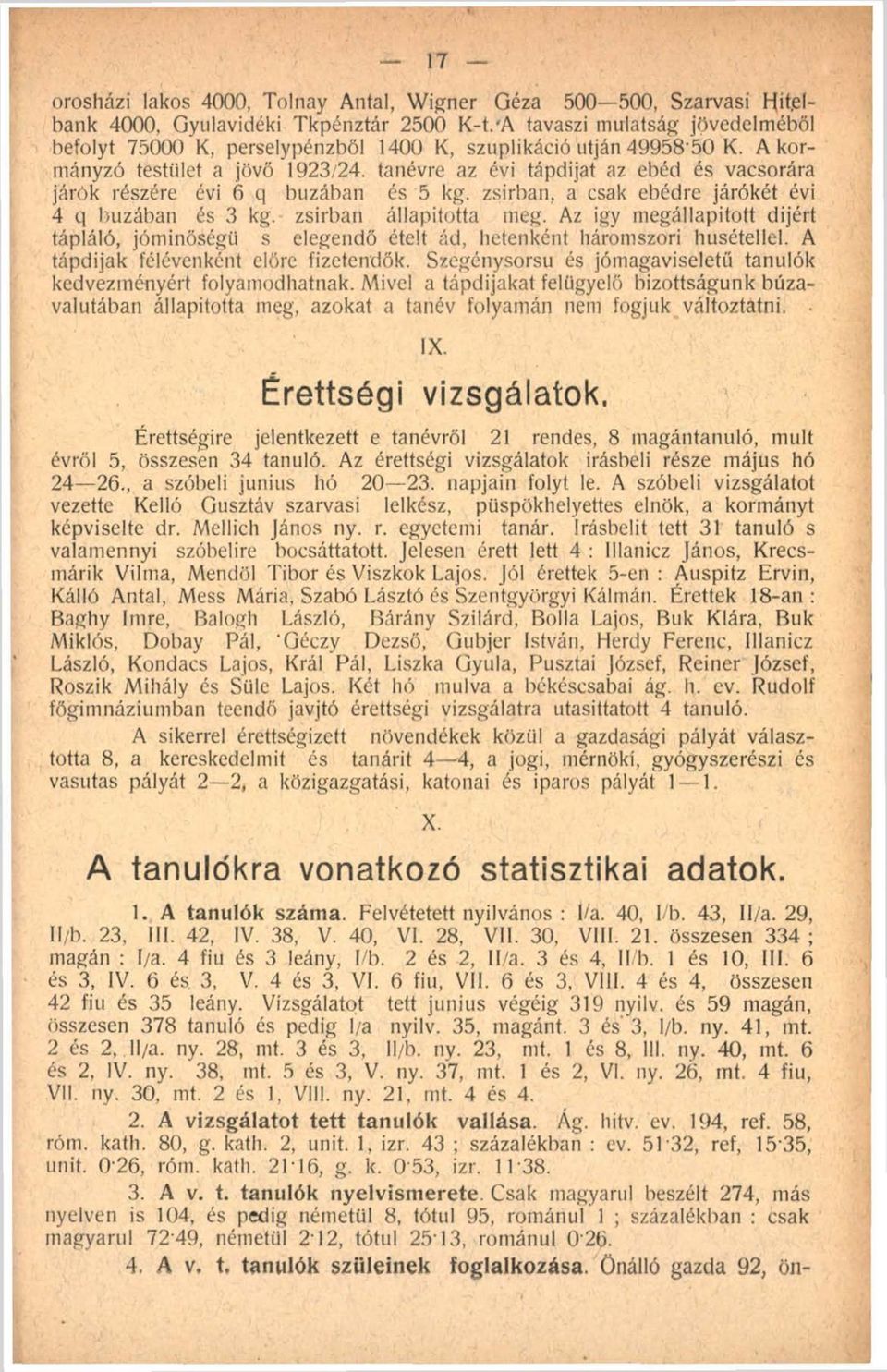 tanévre az évi tápdijat az ebéd és vacsorára járók részére évi 6 q búzában és 5 kg. zsírban, a csak ebédre járókét évi 4 q búzában és 3 kg. zsírban állapította meg.