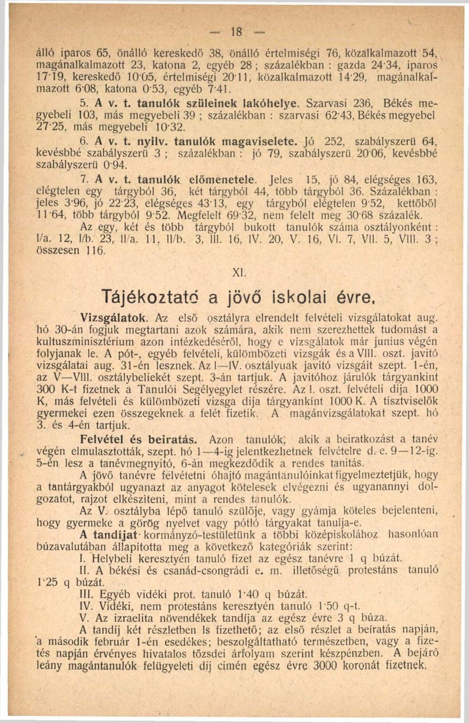 Szarvasi 236, Békés megyebeli 103, más megyebeli 39 ; százalékban : szarvasi 62'43, Békés megyebei 27 25, más megyebeli 10'32. 6. A v. t. nyilv.