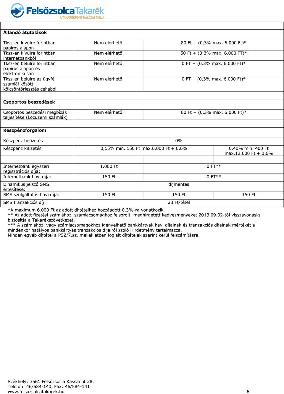 000 Ft)* 50 Ft + (0,3% max. 6.000 FT)* 0 FT + (0,3% max. 6.000 Ft)* 0 FT + (0,3% max. 6.000 Ft)* Csoportos beszedések Csoportos beszedési megbízás teljesítése (közüzemi számlák) Nem elérhető.