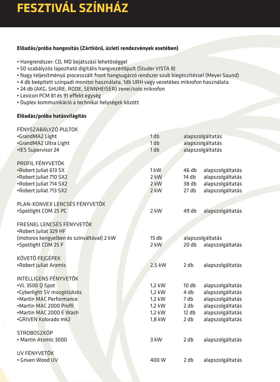 zenei/solo mikrofon Lexicon PCM és effekt egység Duplex kommunikáció a technikai helységek között Előadás/próba hatásvilágítás FÉNYSZABÁLYZÓ PULTOK GrandMA Light db alapszolgáltatás GrandMA Ultra