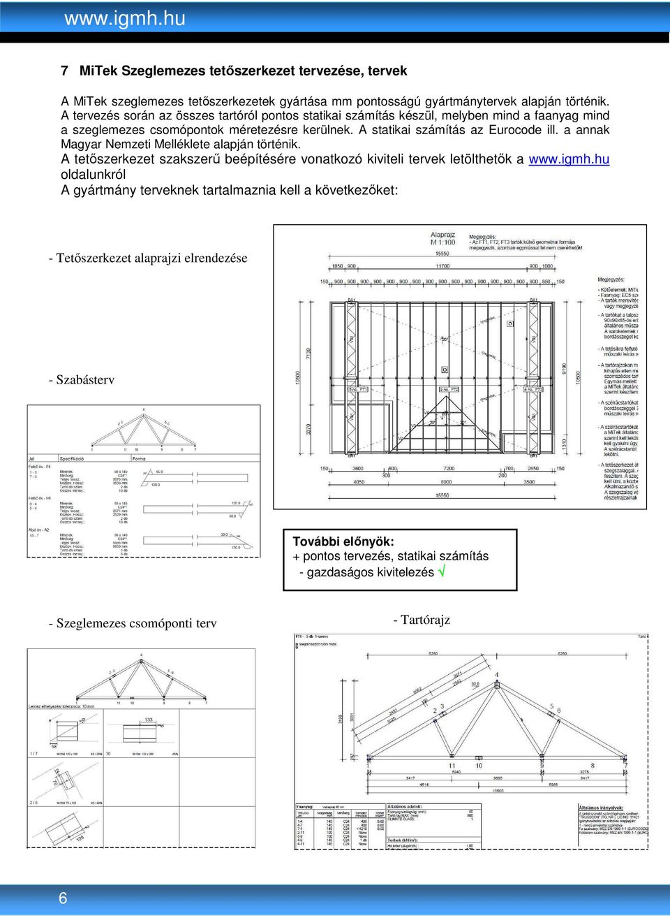 A statikai számítás az Eurocode ill. a annak Magyar Nemzeti Melléklete alapján történik. A tetıszerkezet szakszerő beépítésére vonatkozó kiviteli tervek letölthetık a www.igmh.