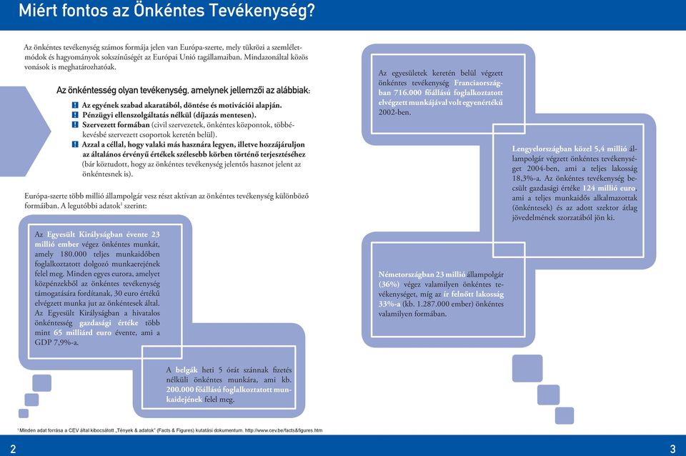 Pénzügyi ellenszolgáltatás nélkül (díjazás mentesen). Szervezett formában (civil szervezetek, önkéntes központok, többékevésbé szervezett csoportok keretén belül).