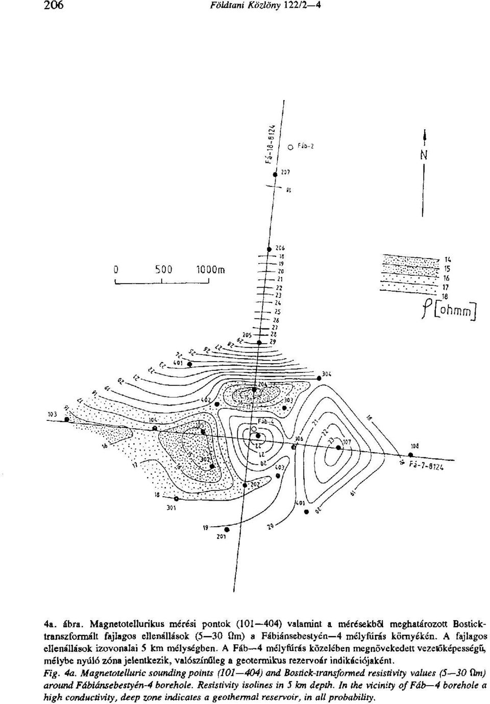 A fajlagos ellenállások izovonalai 5 km mélységben.