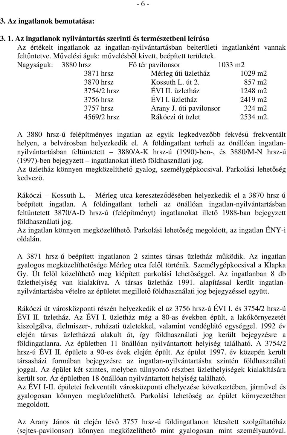 üzletház 1248 m2 3756 hrsz ÉVI I. üzletház 2419 m2 3757 hrsz Arany J. úti pavilonsor 324 m2 4569/2 hrsz Rákóczi út üzlet 2534 m2.