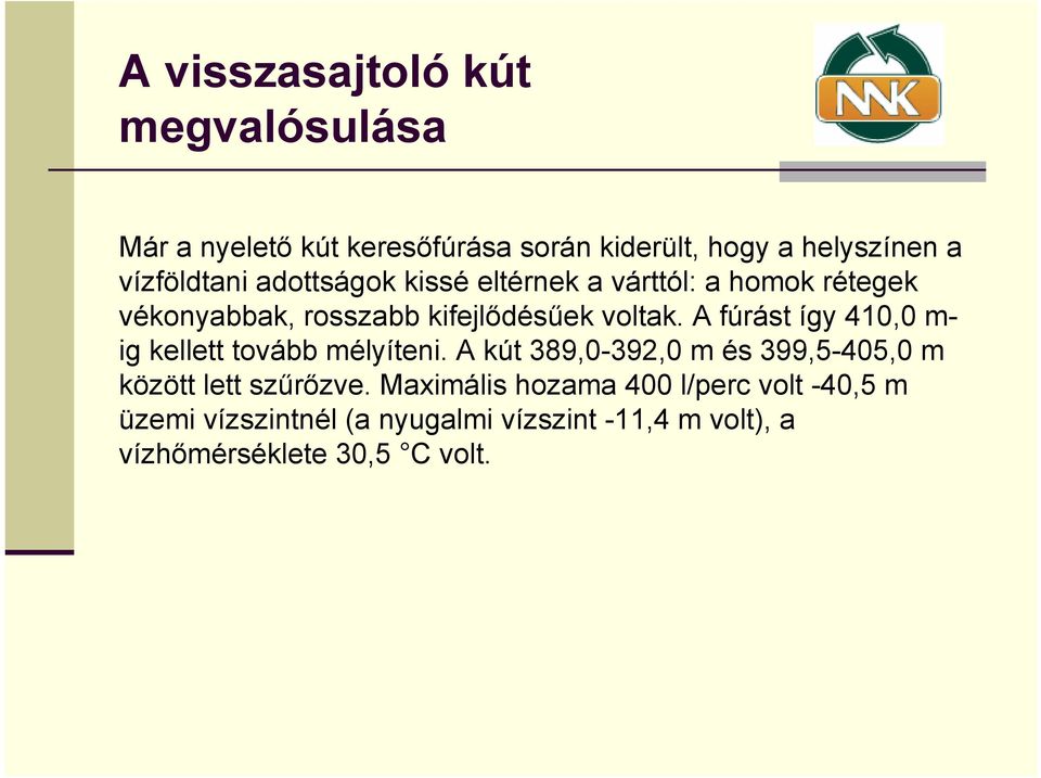 A fúrást így 410,0 m- ig kellett tovább mélyíteni. A kút 389,0-392,0 m és 399,5-405,0 m között lett szűrőzve.