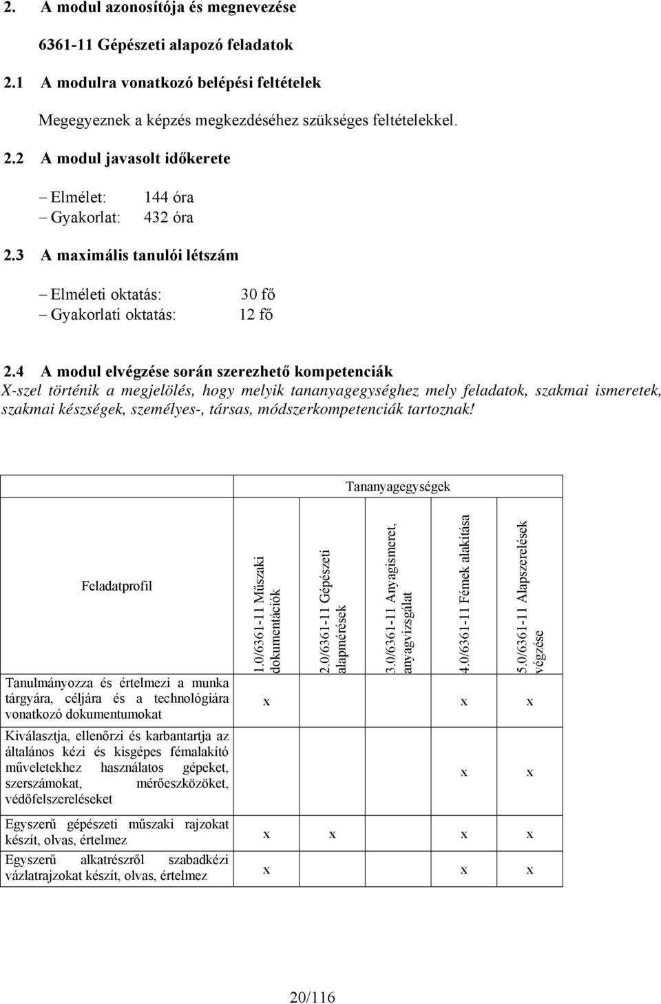 4 A modul elvégzése során szerezhető kompetenciák X-szel történik a megjelölés, hogy melyik tananyagegységhez mely feladatok, szakmai ismeretek, szakmai készségek, személyes-, társas,