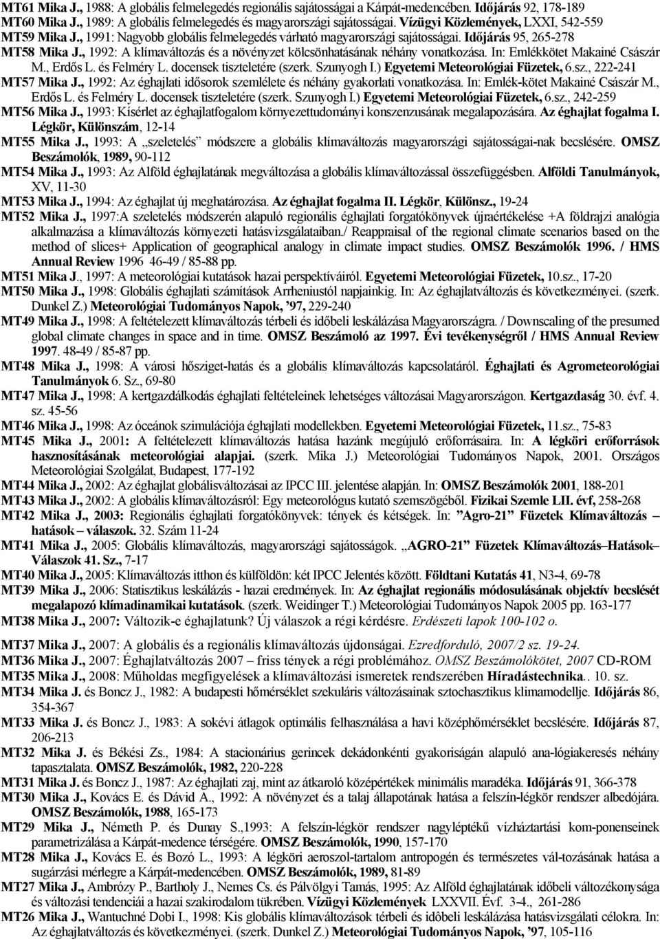 , 1992: A klímaváltozás és a növényzet kölcsönhatásának néhány vonatkozása. In: Emlékkötet Makainé Császár M., Erdős L. és Felméry L. docensek tiszteletére (szerk. Szunyogh I.