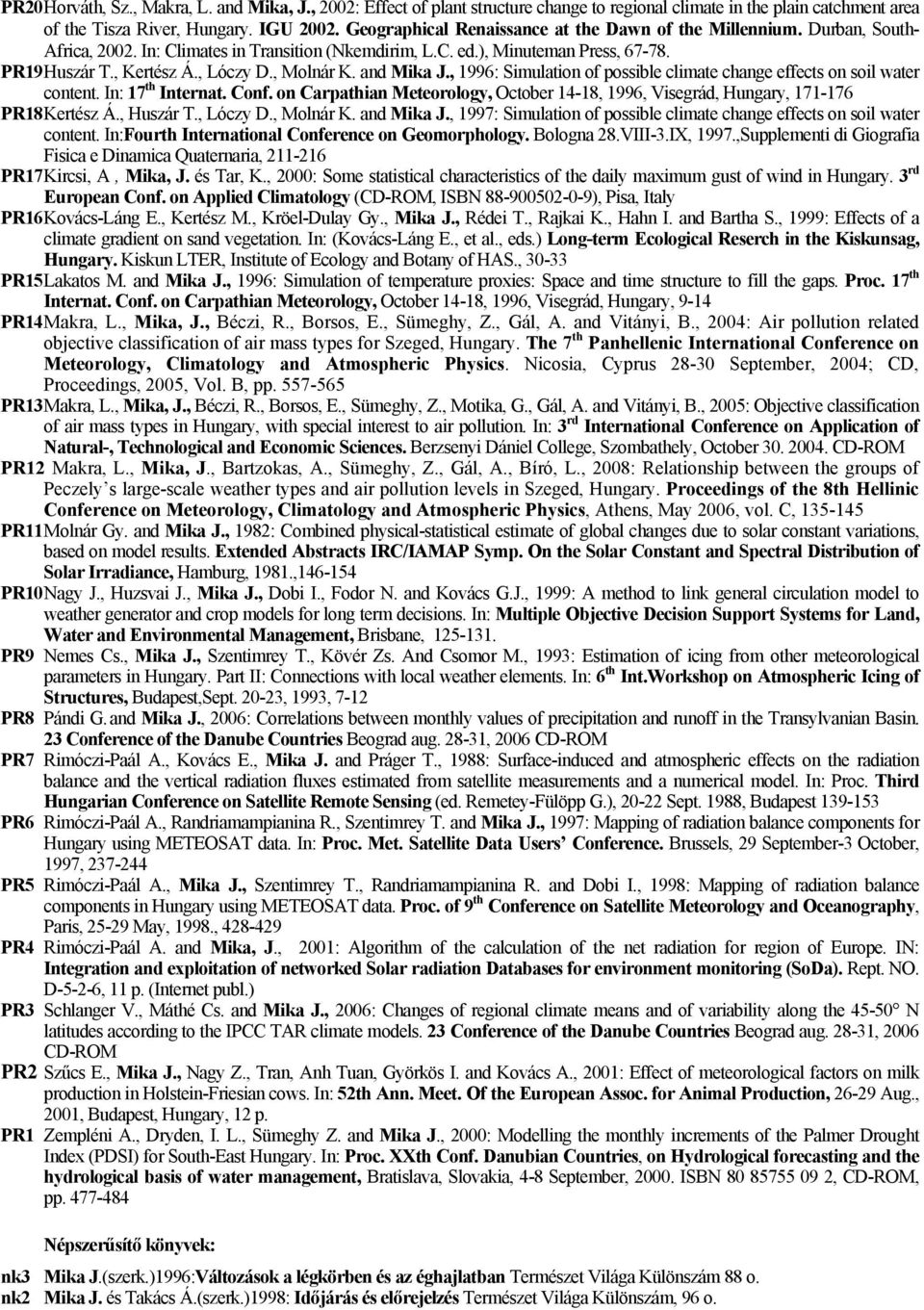 , Molnár K. and Mika J., 1996: Simulation of possible climate change effects on soil water content. In: 17 th Internat. Conf.