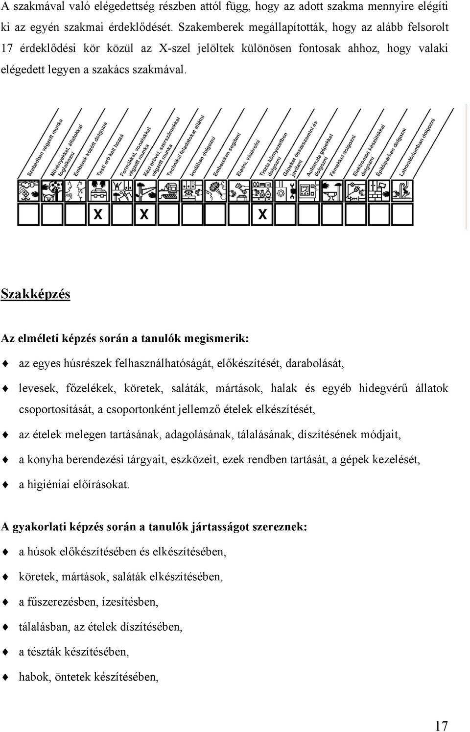 X X X Szakképzés Az elméleti képzés során a tanulók megismerik: az egyes húsrészek felhasználhatóságát, előkészítését, darabolását, levesek, főzelékek, köretek, saláták, mártások, halak és egyéb