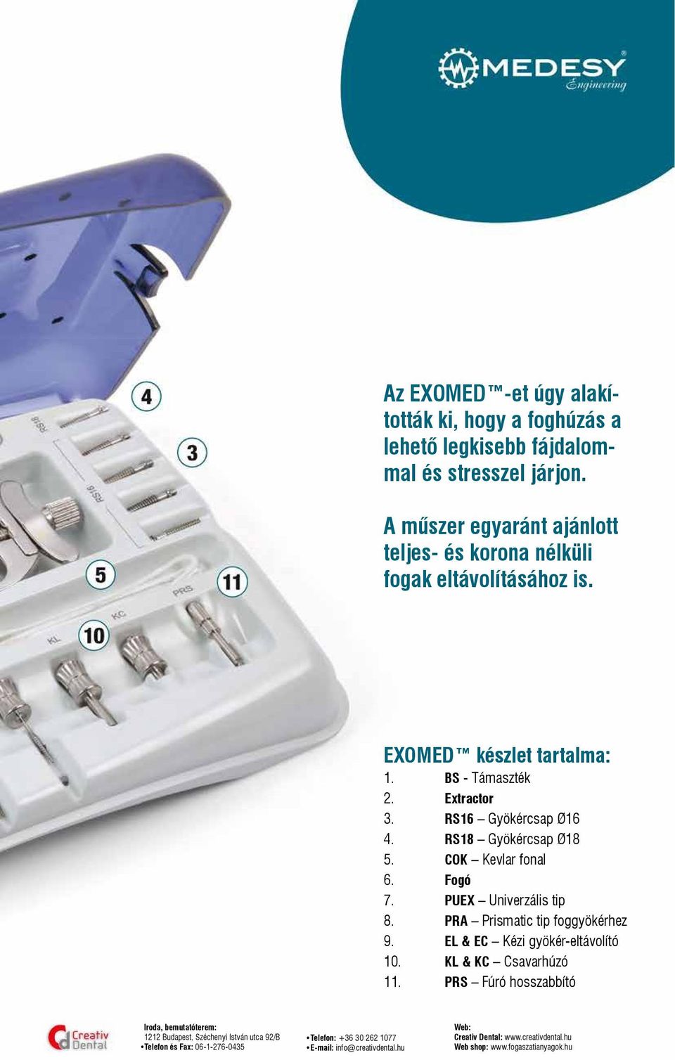 BS - Támaszték 2. Extractor 3. RS16 Gyökércsap Ø16 4. RS18 Gyökércsap Ø18 5. COK Kevlar fonal 6. Fogó 7.