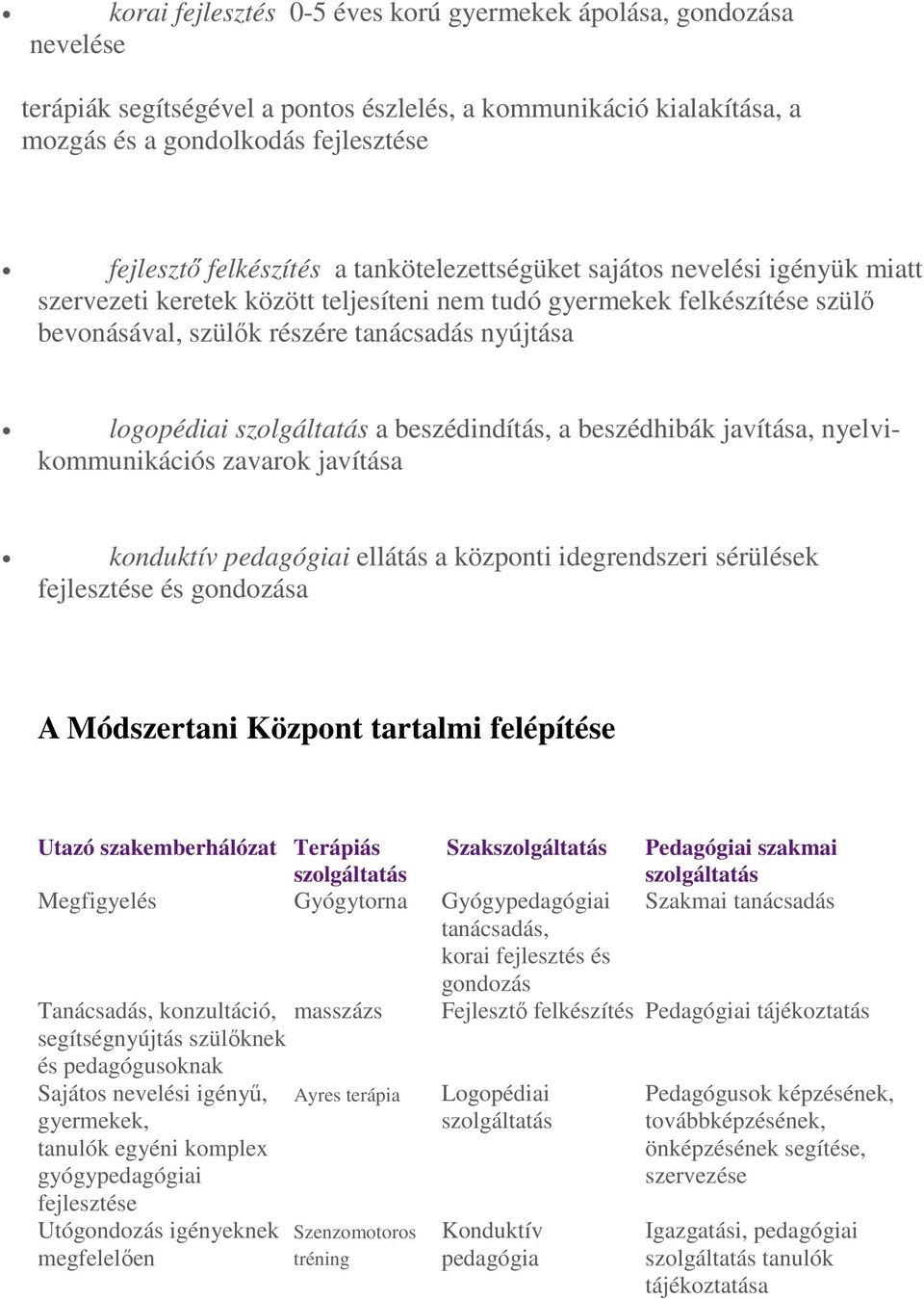 a beszédindítás, a beszédhibák javítása, nyelvikommunikációs zavarok javítása konduktív pedagógiai ellátás a központi idegrendszeri sérülések fejlesztése és gondozása A Módszertani Központ tartalmi