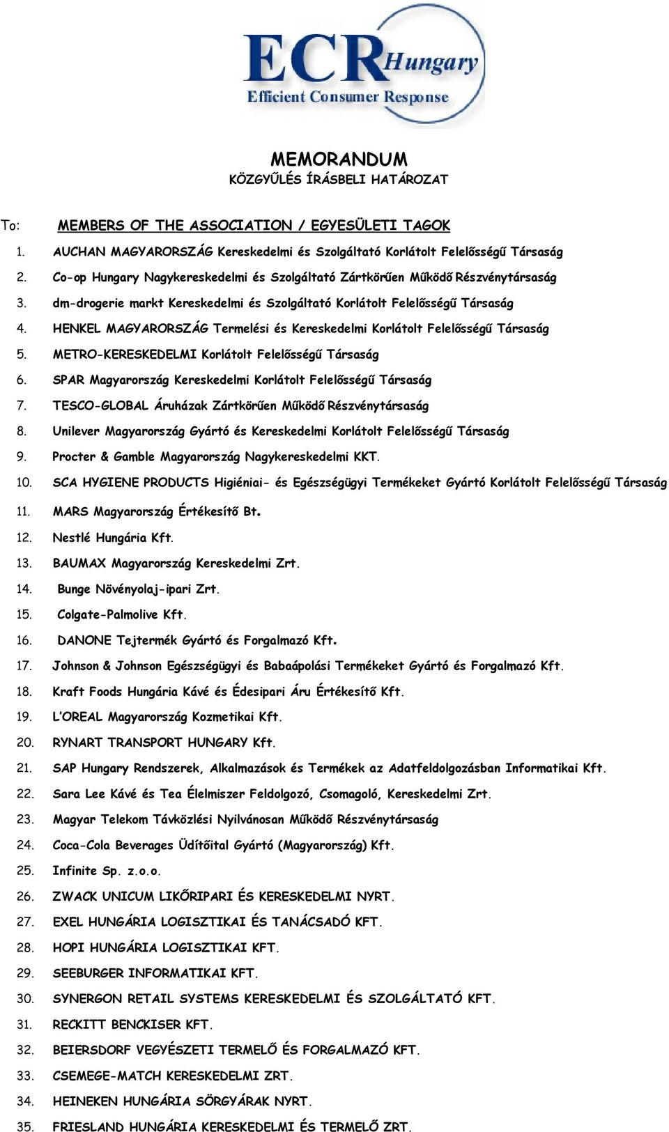 HENKEL MAGYARORSZÁG Termelési és Kereskedelmi Korlátolt Felelısségő Társaság 5. METRO-KERESKEDELMI Korlátolt Felelısségő Társaság 6. SPAR Magyarország Kereskedelmi Korlátolt Felelısségő Társaság 7.