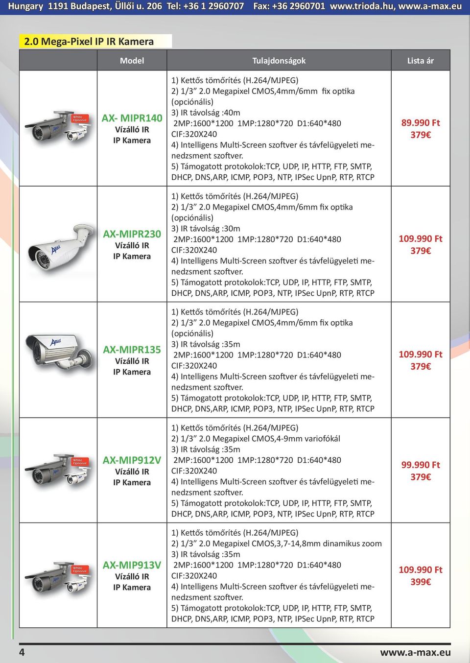 2) 1/3 2.0 Megapixel CMOS,4-9mm variofókál 2) 1/3 2.