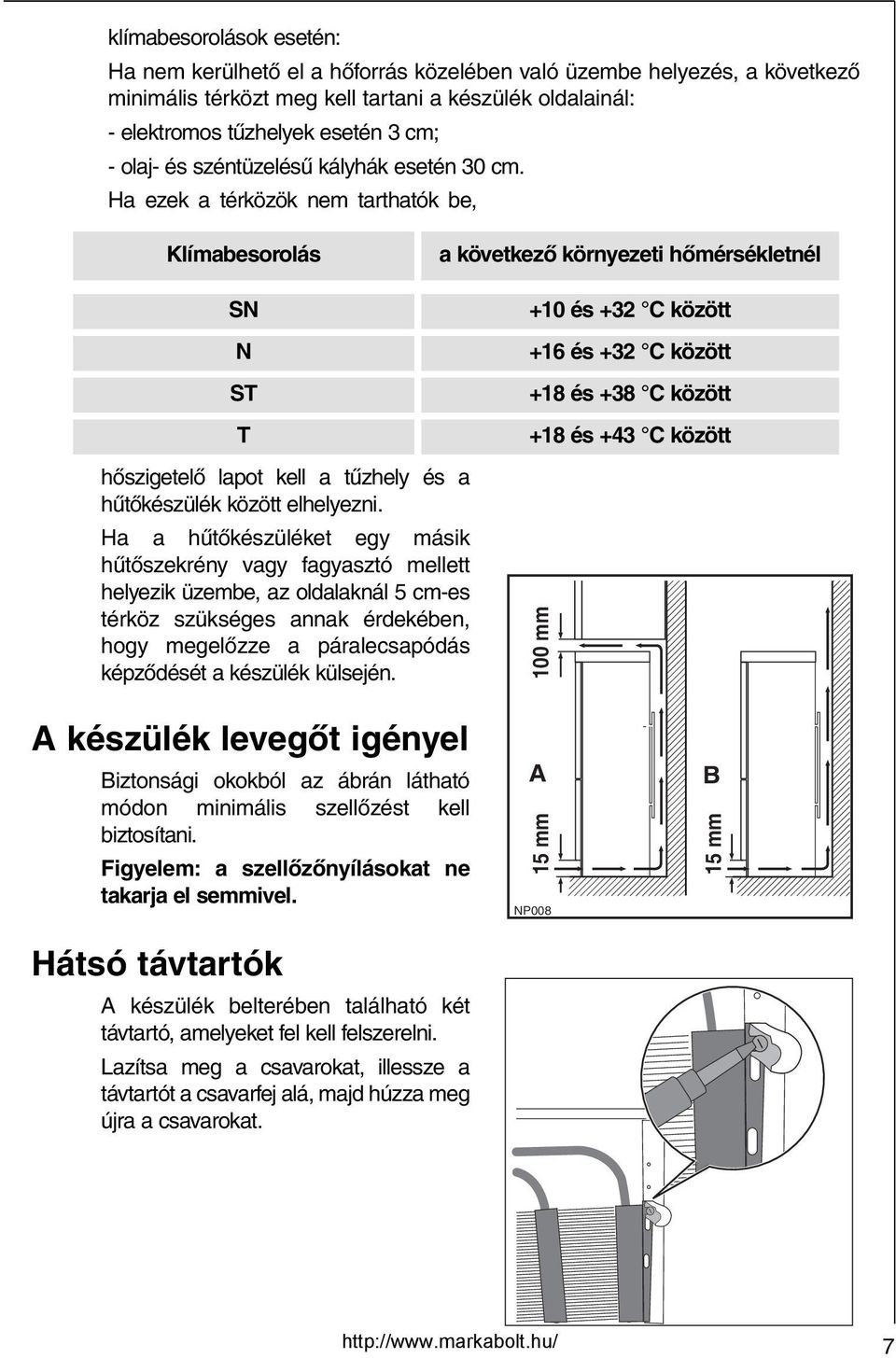 Ha ezek a térközök nem tarthatók be, Klímabesorolás a következő környezeti hőmérsékletnél SN N ST T hőszigetelő lapot kell a tűzhely és a hűtőkészülék között elhelyezni.