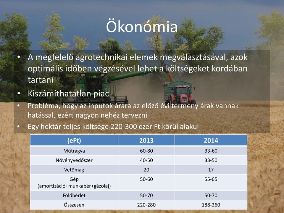 nagyon nehéz tervezni Egy hektár teljes költsége 220-300 ezer Ft körül alakul (eft) 2013 2014 Műtrágya 60-80 33-60